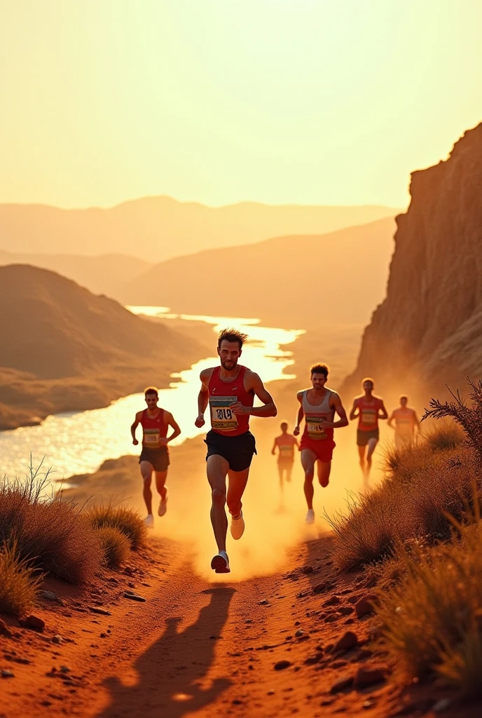 (photorealism:1.2), beautiful men , running in the field,wearing short pant , watch in background, sunlight, warm colors,