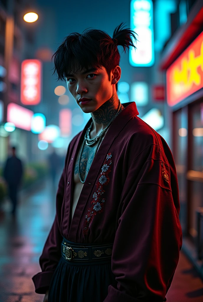 An ethereal sultryseductivedemonic 20 year old anime male druid with metallic long hair and tattoos, delicate masterpiece intimate glowing neon tattoos, anime druid demon male hellscape at night, manga inspired by Masashi Wakui, rainbow color palette, atmospheric fog, decay, worn textures, rain-soaked fantasy village, manga-style illustration --s 150 --ar 1:2 --c 5 Removed From Image