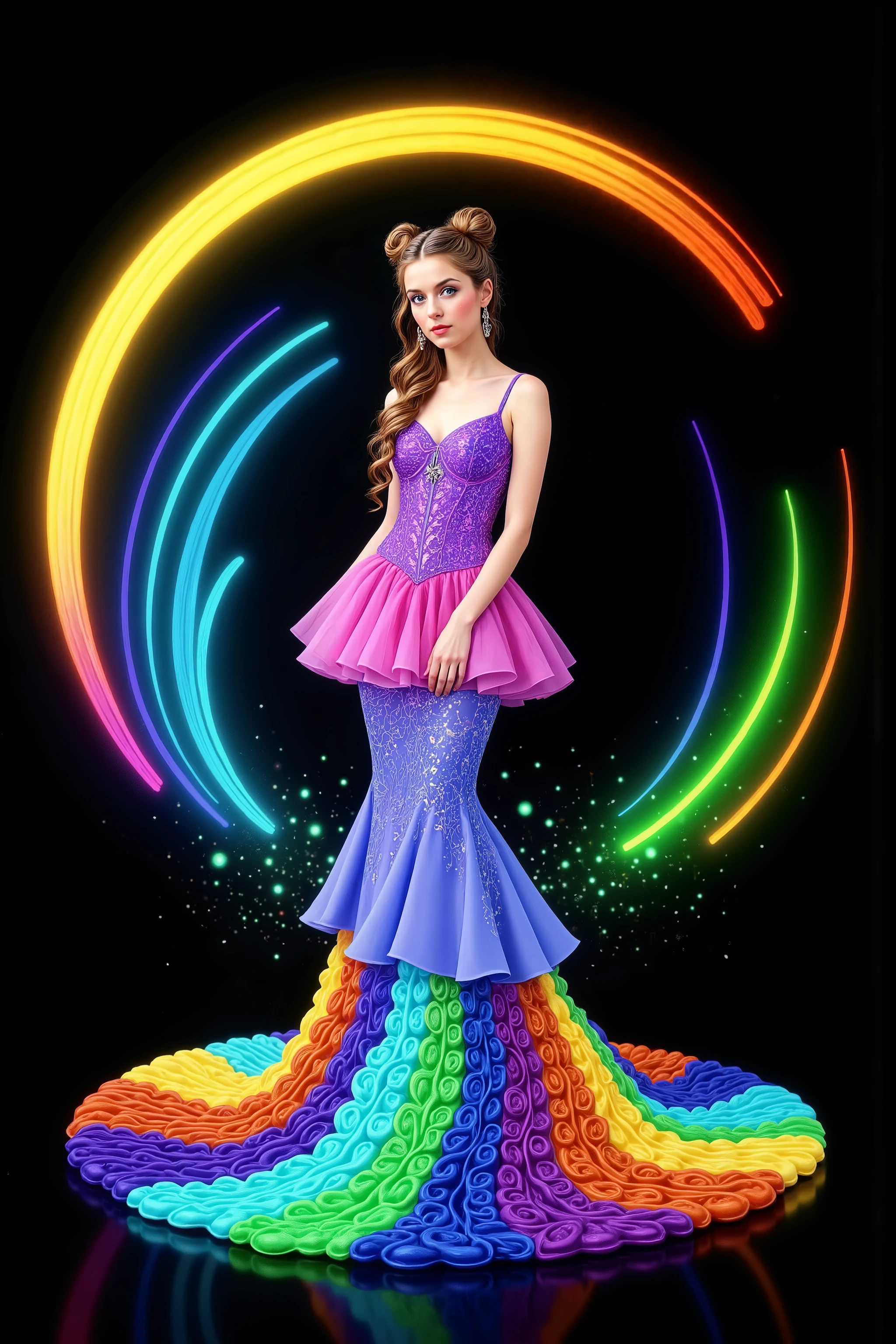 Take this image and multiply the number of swirl lines around the woman while infusing lots of vibrant neon luminescent colors in the swirls as well. Make her mermaid gown highly reflective, mirror like, so all the light hits it, and reverberates it into the colored swirls around her. The swirl patterns should be triple or quadruple the amount of colored lines from the image. Make the woman look more realistic and more attractive. Change the patterns and color of the mermaid style gown often. Surrealism, asthetically incredible, light display, lit up around the girl. Photorealistic, ultra realistic, cinematography, ultra detailed. Triple Bun, Braided Bun, Very Long Hair, Motion Lines, Sparkle, Emphasis Lines, Motion Blur, Speed Lines, Scanlines, Optical Illusion, Cinematic Lighting, Ray Tracing, Glowing Light, Reflection Light, God Rays, Action Painting, Icon Style, Realism, Tumbledown, Portrait Photography, Fujicolor, Hair Ribbon, crucifix, Super Detailed, Best Quality, Action Painting, Bubbles rising from foam, rising from liquid, paste, Masterpiece, From Below, Parted Lips, neon, lit up colored swirls, against a flat coal black background. Girl and swirls light up like bioluminescence.