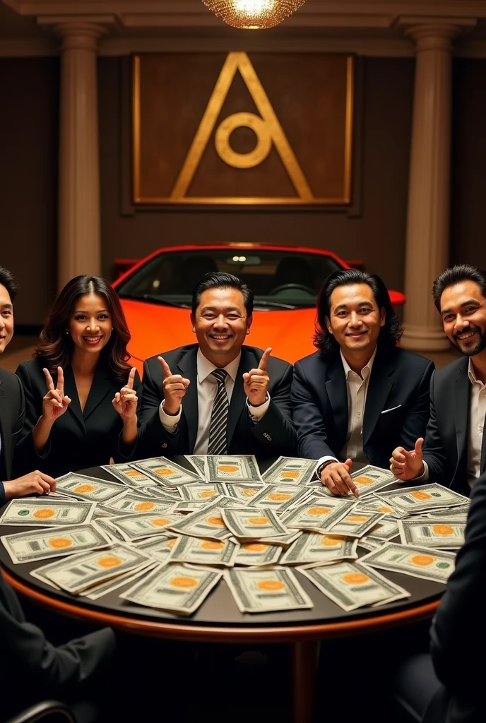 Golden Globe，gold，Dollar，chips，Men in suits，Low-cut beauty，Red background，The spectacle is spectacular，4D model，Domineering，International film special effects，The image quality is clear and detailed，high resolution，High Fidelity