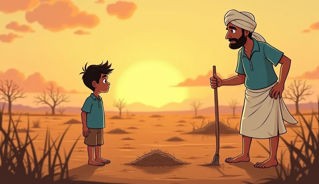 Sure, here are the prompts in English with consistent characters and settings:
### 1. **Scene 1: Foolish Merchant and Horse**
- **Prompt:** "A rural village scene where a foolish merchant, wearing a white dhoti, kurta, and small turban, is preparing to load his brown horse. The merchant's face is round with a mustache, looking confused. The background shows a simple house and fields."
### 2. **Scene 2: Loading Wheat and Sand**
- **Prompt:** "The same merchant, with the same appearance and clothing, loads two sacks of wheat on one side of the brown horse and two sacks of sand on the other side. The merchant's face remains confused, and the village background with the house and fields is consistent."
### 3. **Scene 3: Arrival of the Poor Man**
- **Prompt:** "A poor man, wearing tattered clothes, approaches the same merchant. The poor man's face is thin with a small beard, looking concerned. The merchant, with the same confused expression and clothing, continues his work. The rural village background stays consistent."
### 4. **Scene 4: The Poor Man's Question**
- **Prompt:** "The poor man, with the same appearance, asks the merchant a question. The merchant looks annoyed but with the same confused expression and clothing. The horse remains loaded, and the village background is unchanged."
### 5. **Scene 5: Merchant's Arrogant Reply**
- **Prompt:** "The merchant dismisses the poor man's question with an arrogant wave. The merchant's face shows annoyance but remains consistent in appearance. The poor man stands quietly with the same concerned expression. The horse and the rural background remain the same."
### 6. **Scene 6: Poor Man's Suggestion**
- **Prompt:** "The poor man, with the same humble appearance, suggests splitting the wheat sacks. The merchant listens with a smirk, his expression unchanged. The horse stands in the background, and the village setting stays consistent."
### 7. **Scene 7: Merchant's Sarcastic Comment**
- **Prompt:**