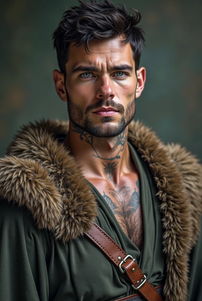Handsome russian man. He is tall. Has muscular build, pale skin. Gray shiny eyes (nearly white). Gray eyes. Spiky short degraphed hair. Dark brown (slightly green) hair tone. Wears a fur mantle (brown). Metallic blue baggy pants. He is a russian druid. Manly face, masculine face, shaved. Muscular. Young adult. Spiky short hair. Gray eyes.