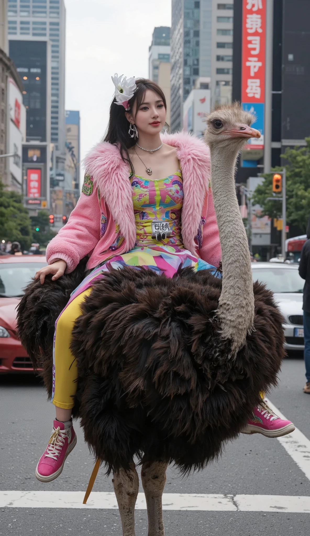 Japanese idol female、He is riding on a huge ostrich in the city and smiling。wearing rubber fashion。