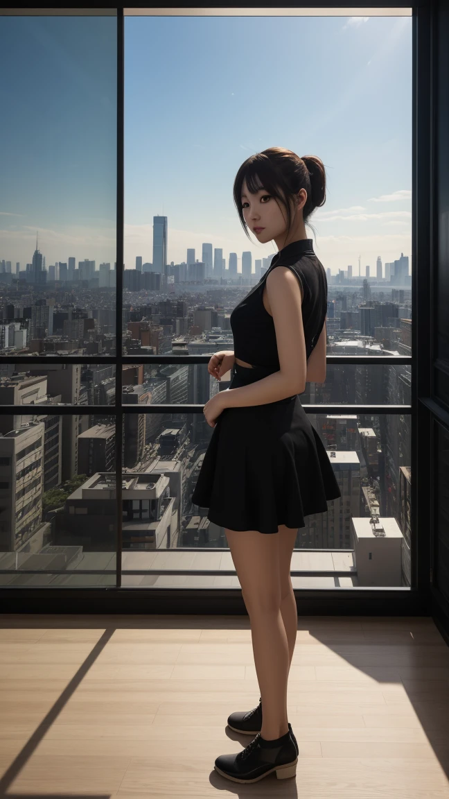 (midynight, Need, 8K, tmasterpiece:1.3)), full bodyesbian, Long legs, Focalors:1.2, perfect figure beautiful woman:1.4, Slim abs:1.1, ((Dark brown hair, )), (whitet-shirt, standing on your feet:1.2), ((city night scene, the roof:1.3)), Highly detailed facial and skin texture, A detailed eye, 二重まぶた