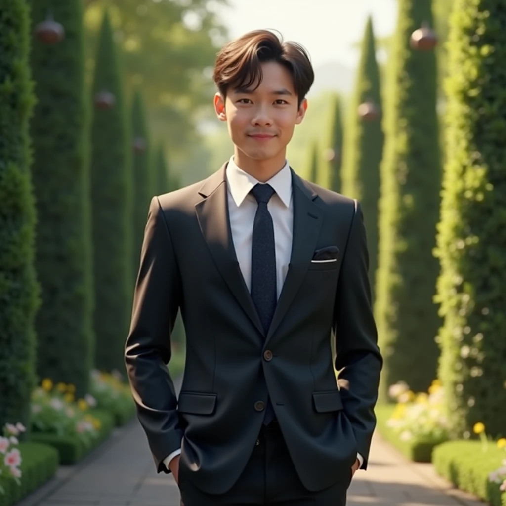 cinematic photo . 35mm photograph, film, bokeh, professional, 4k, highly detailed,A man standing in front of some flowering plants,dark suit, country, contemporary realism portrait photography, genderless, Sony Alpha a7 iii, waves, folk portrait, Asian man, shy, smile,medium shot