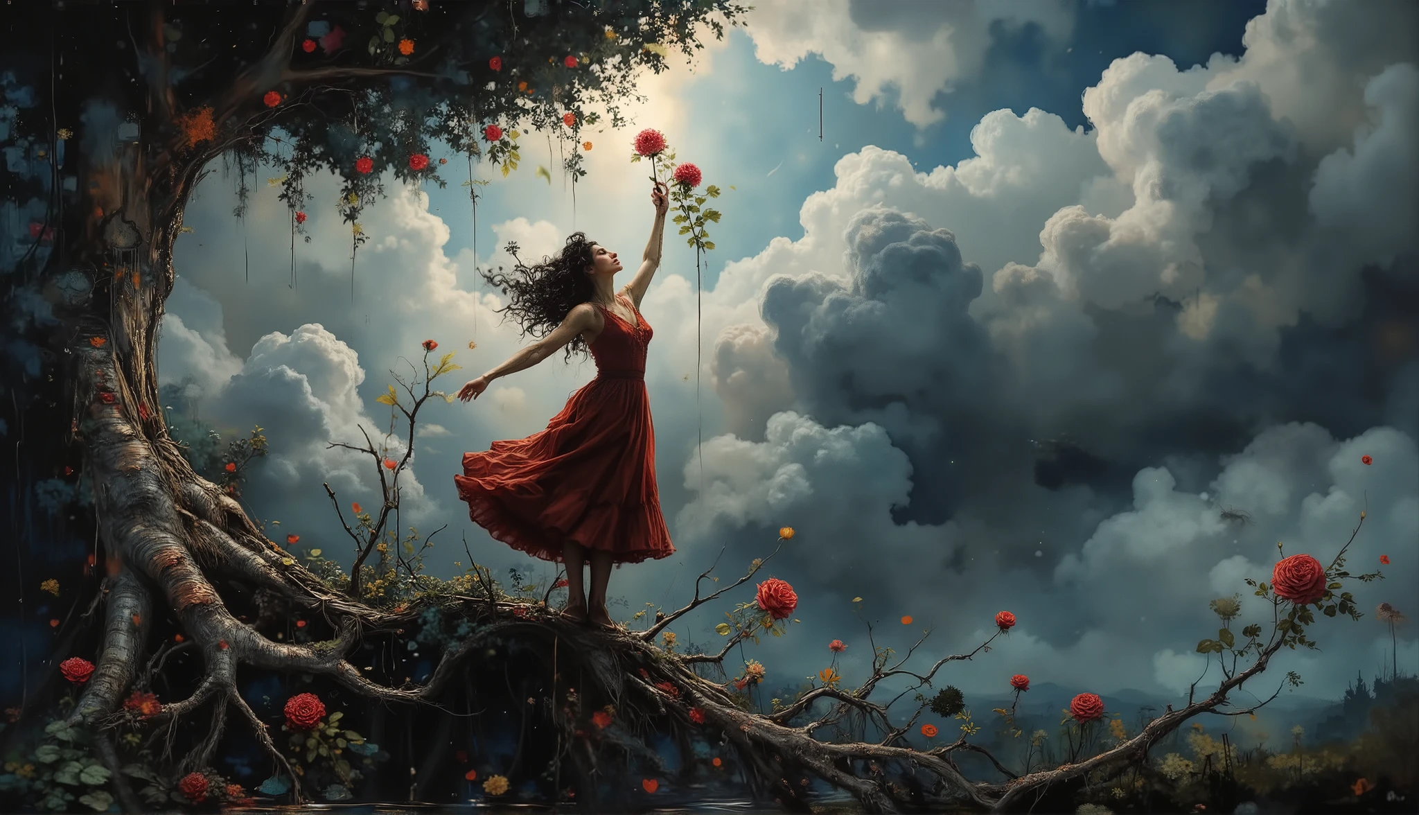an oil painting of a mystical upside-down world where a reaches for a single red rose on an inverted tree, its roots tangled in the clouds while its leaves brush the earth, inspired by Salvador Dalí, deep rich hues with surrealist tones, the girl's face calm and focused, dramatic chiaroscuro lighting, mysterious and dreamlike ambiance --v 5 --stylize 1000