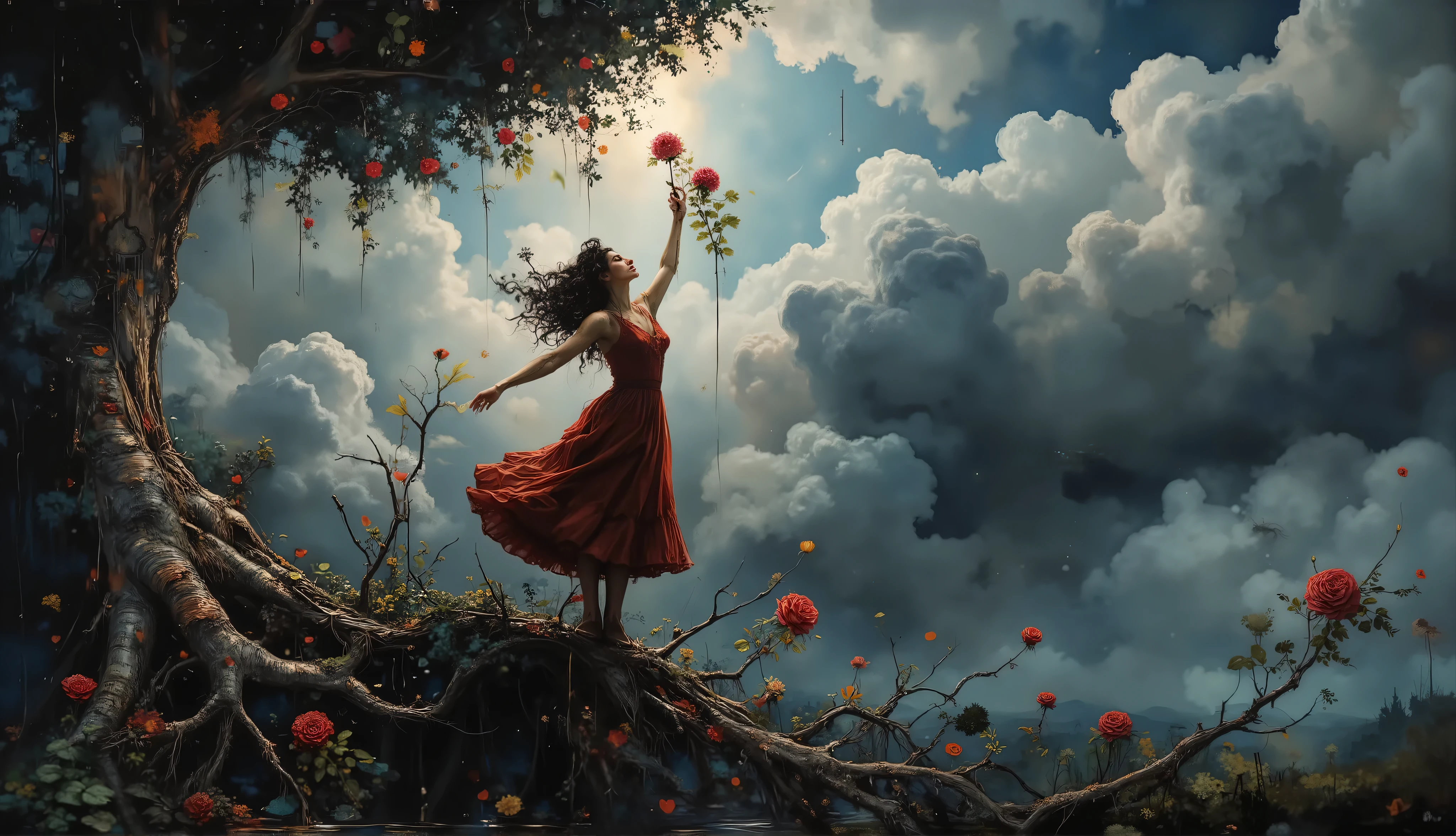 an oil painting of a mystical upside-down world where a reaches for a single red rose on an inverted tree, its roots tangled in the clouds while its leaves brush the earth, inspired by Salvador Dalí, deep rich hues with surrealist tones, the girl's face calm and focused, dramatic chiaroscuro lighting, mysterious and dreamlike ambiance --v 5 --stylize 1000