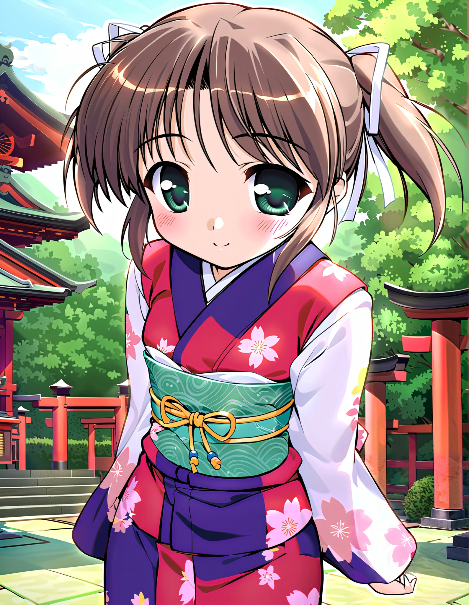 Asagiri Mai_3age, Alone, (cowboy shot), brown hair, short hair, hair ribbon, twintails, green eyes, small breasts, (Cute Japanese clothes), ( cute pose), (Shichi-go-san), (Red cheeks:1.2), (bright smile:1.1), ( hands behind his back), (shrine), (morning), score_9, score_8_superior, score_7_superior, source_ anime, (best quality:1.2), high quality, full color, 8k, High Resolution
