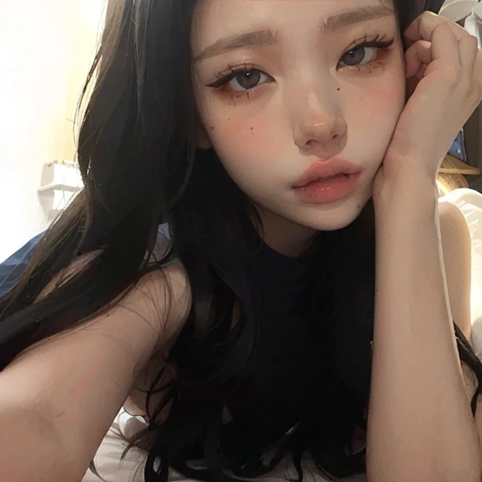 a close up of a woman sitting on a bed with a hand on her cheek, ulzzang, korean girl, gorgeous young korean woman, beautiful south korean woman, photo of slim girl model, photo of slim girl, beautiful young korean woman, beautiful asian girl, 🤤 girl portrait, young asian girl, asian features, young cute wan asian face