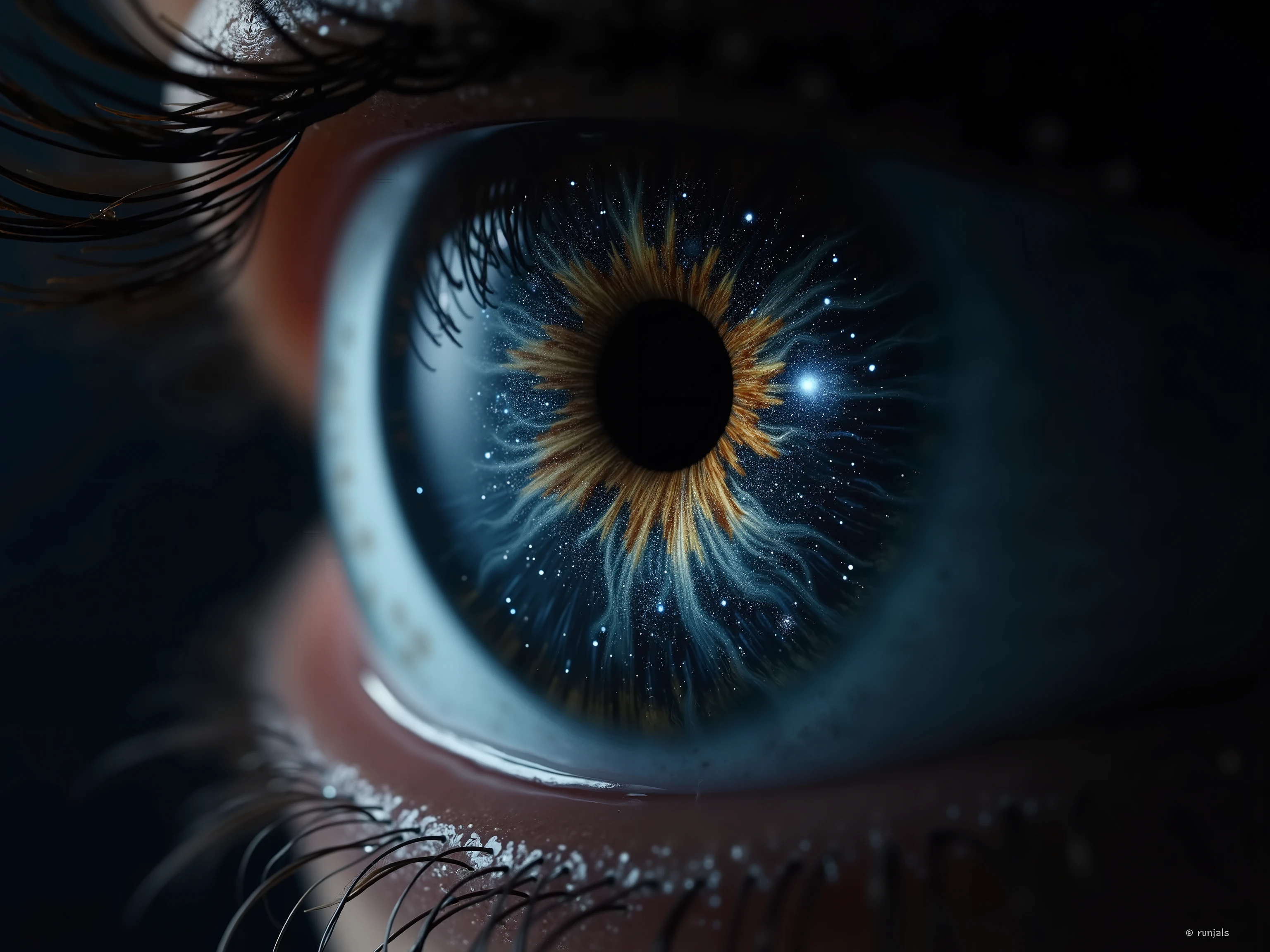 Extreme closeup of a human eyeball with upside image of a murderer in it