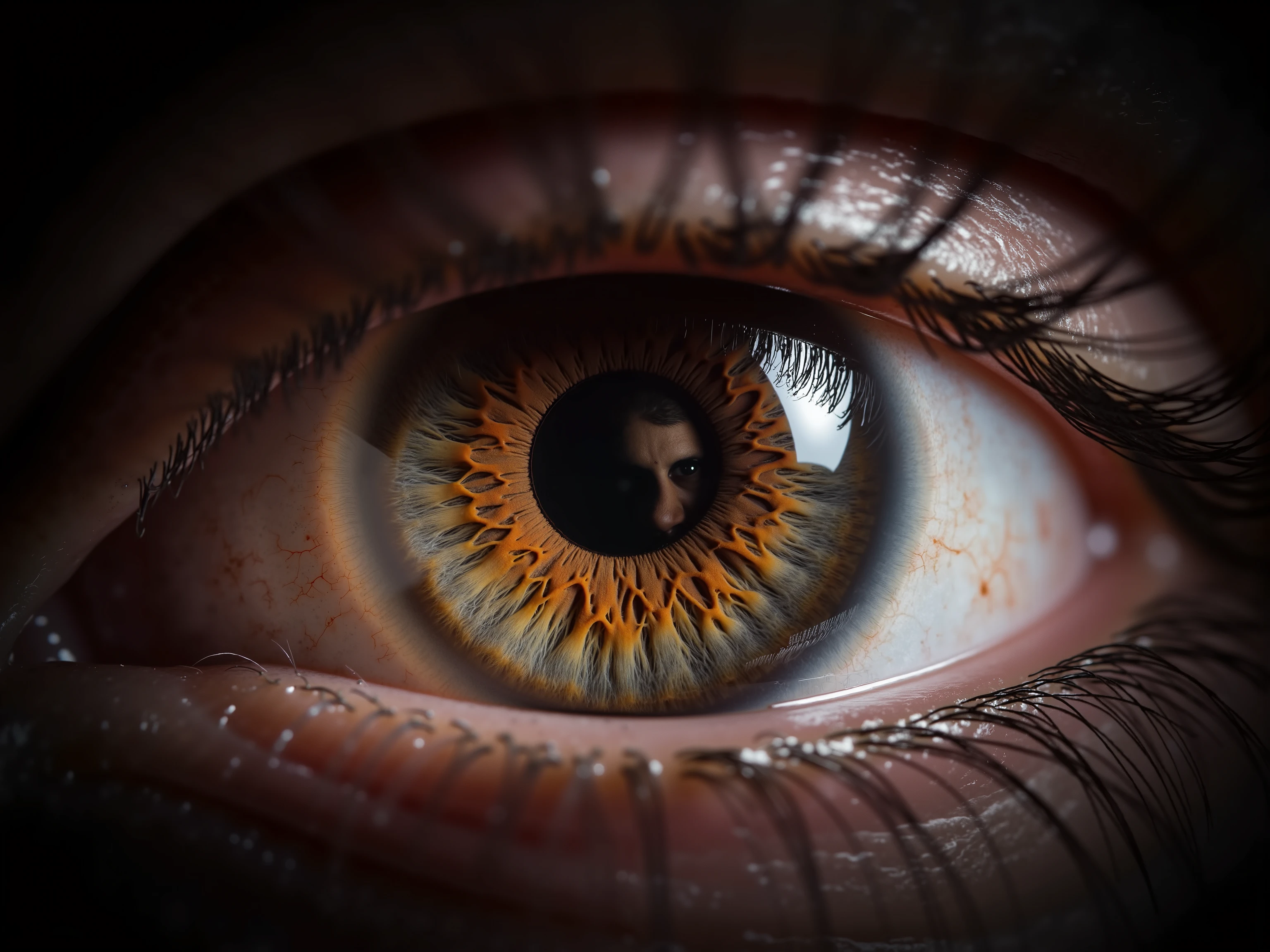 Extreme closeup of a human eyeball with upside image of a murderer in it