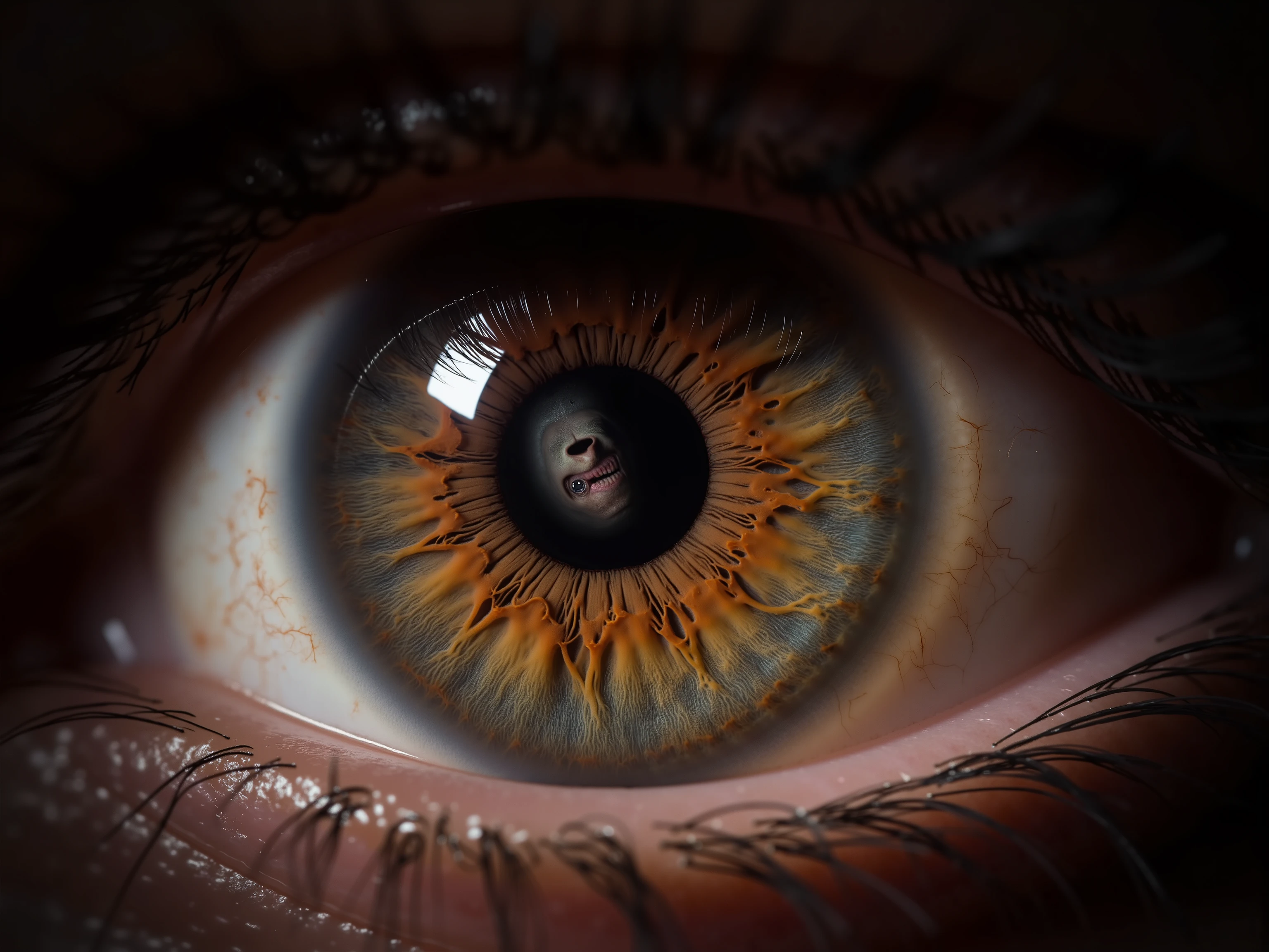 Extreme closeup of a human eyeball with upside image of a murderer in it