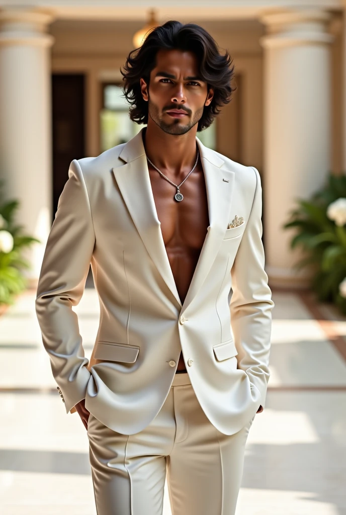 Handsome Arab Man, brown eyes and brown hair with blonde highlights. Arab clothes, he is muscular and has tattoos, wears a white suit. keffiyeh on his head, loose hair and braids, he is beautiful and seductive