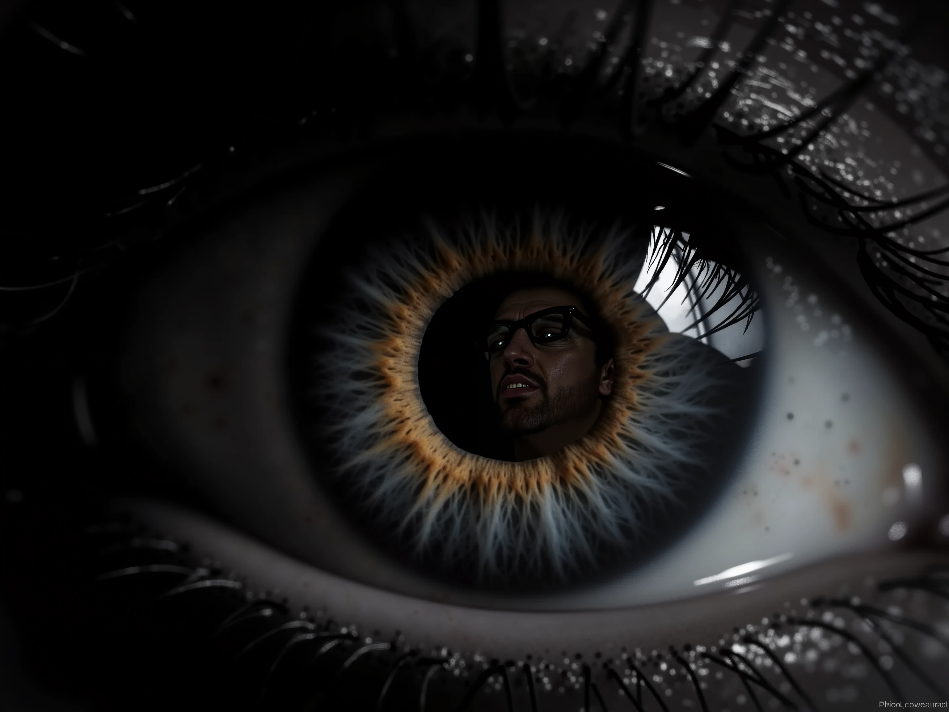 Extreme closeup of a human eyeball with upside image of a murderer in it