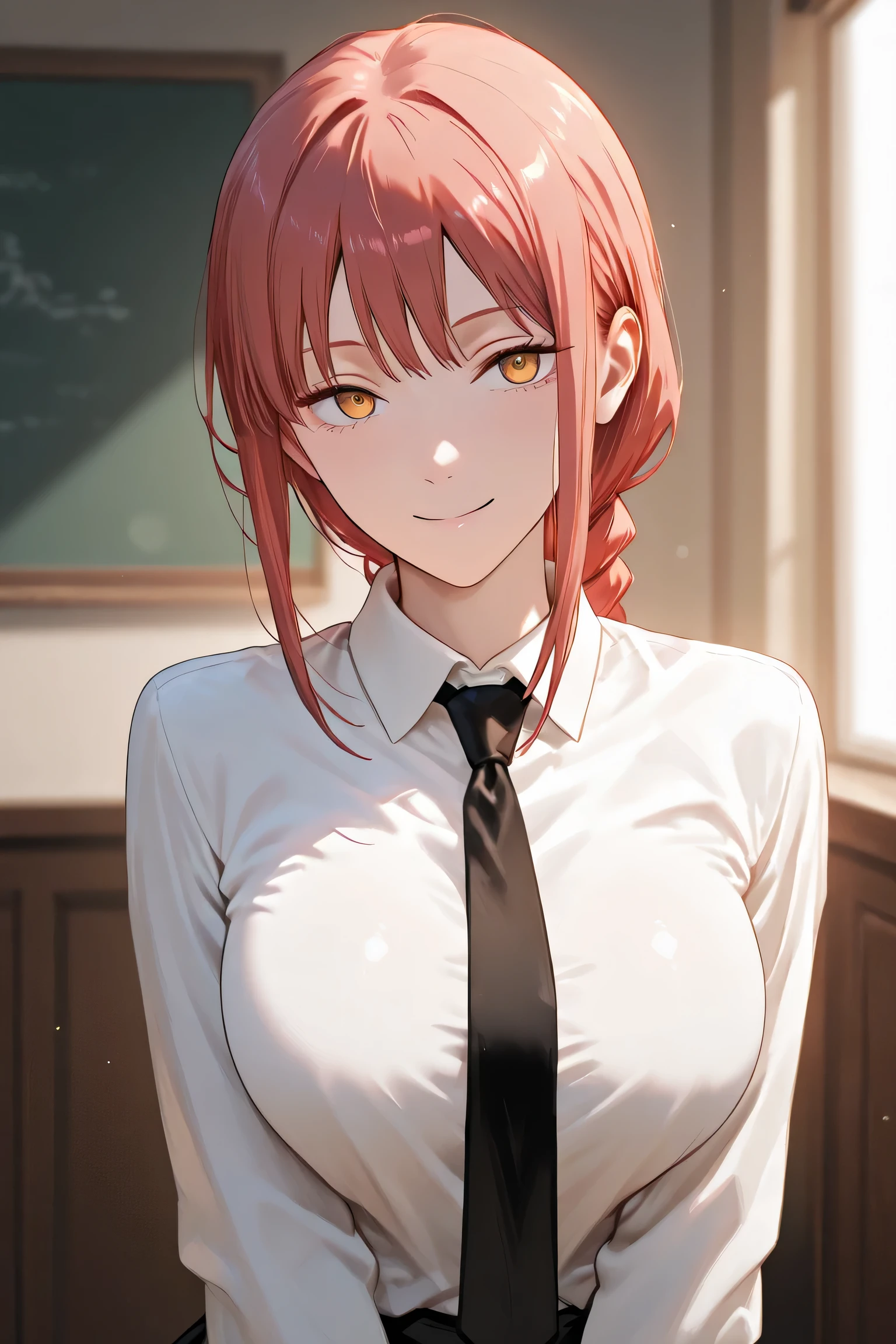 masterpiece, better quality, ultra quality, High quality, Professional quality, High quality, quality Enhancement, Enhancement,
extremely detailed, ultra detailed, highly detailed, finely detailed, detailed, intricate, exotic, elaborate, extremely detailed CG,
beautiful, exotic, high resolution, 8k, HD, absurdities, clear quality, Rich contrast, ultra high resolution,
quality Enhancement, Noise Reduction ,
Minimize shadows on the face, with clean, even lighting for a polished look,
Use a reflector to project soft indirect light onto the subject for a soft glow,
electric saw-man、hands、 Shirt And、black tie、 smile、full body、thighs、