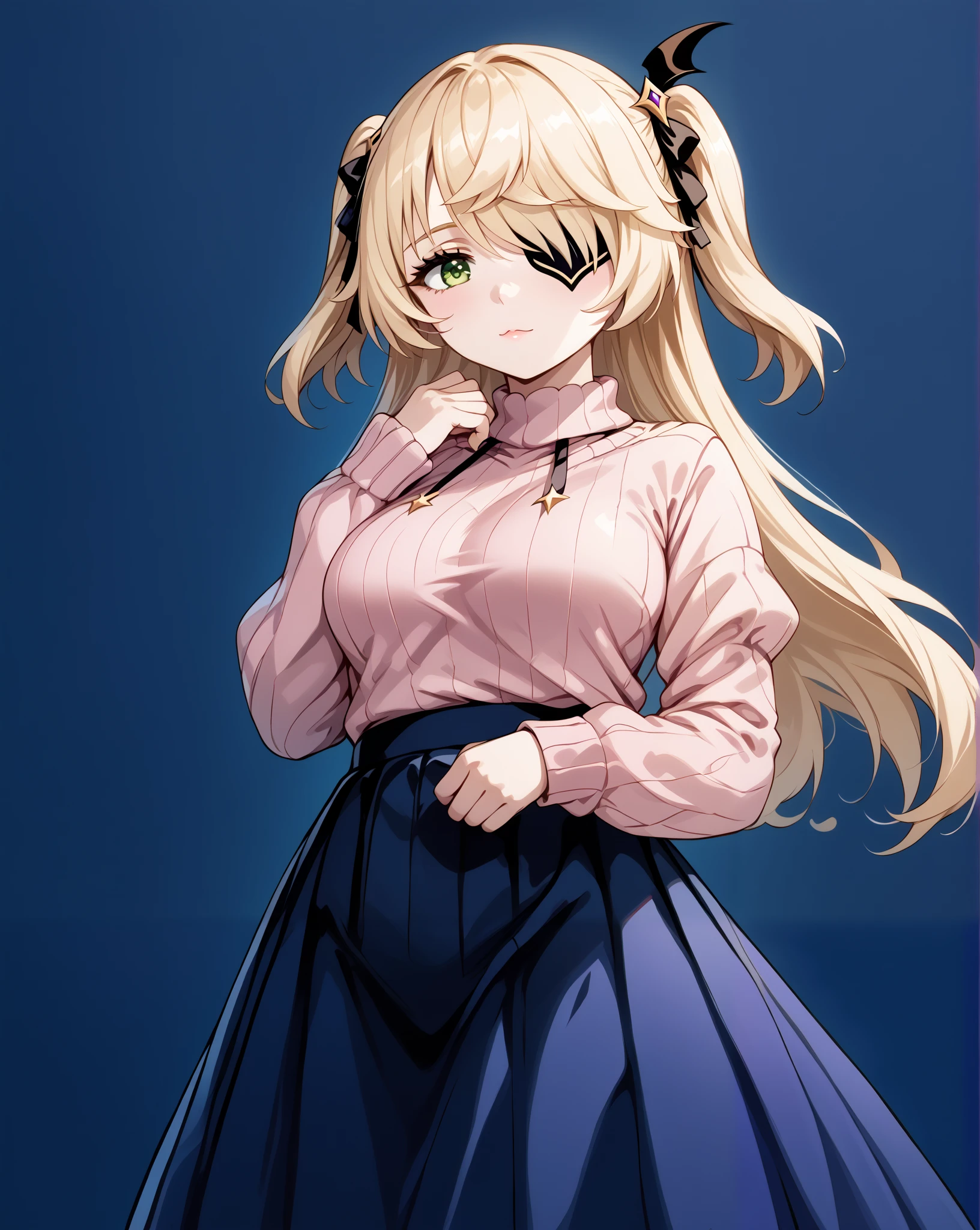 score_9, score_8_up, score_7_up, source_anime, 4K,perfect fingers,(perfect hands, perfect anatomy),prefect lighting, very aesthetic, intricate details,highly detailed background, masterpiece, high quality, best quality,
1girl,solo, fischl, fischl, long hair, bangs, blonde hair, ribbon, green eyes, hair ribbon, hair over one eye, two side up, eyepatch, large breasts,,
wearing ((sweater, (pink sweater:1.5), long sleeves, puffy sleeves, skirt, blue skirt, long skirt,)),,
((White plain background:1.5)) , BDSM,