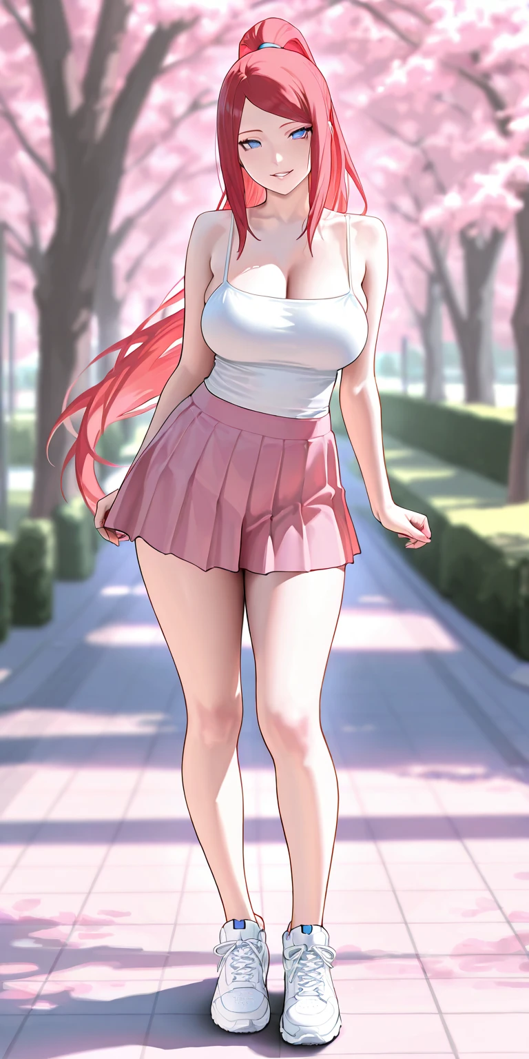 tmasterpiece， Best quality at best， 1girll， Sakura Haruno， medium breasts, smile，with pink hair， long whitr hair， （Green eyeballs:1.4)， Forehead protection， the cherry trees，Cherry blossoms flying，nude body, full body, standing
