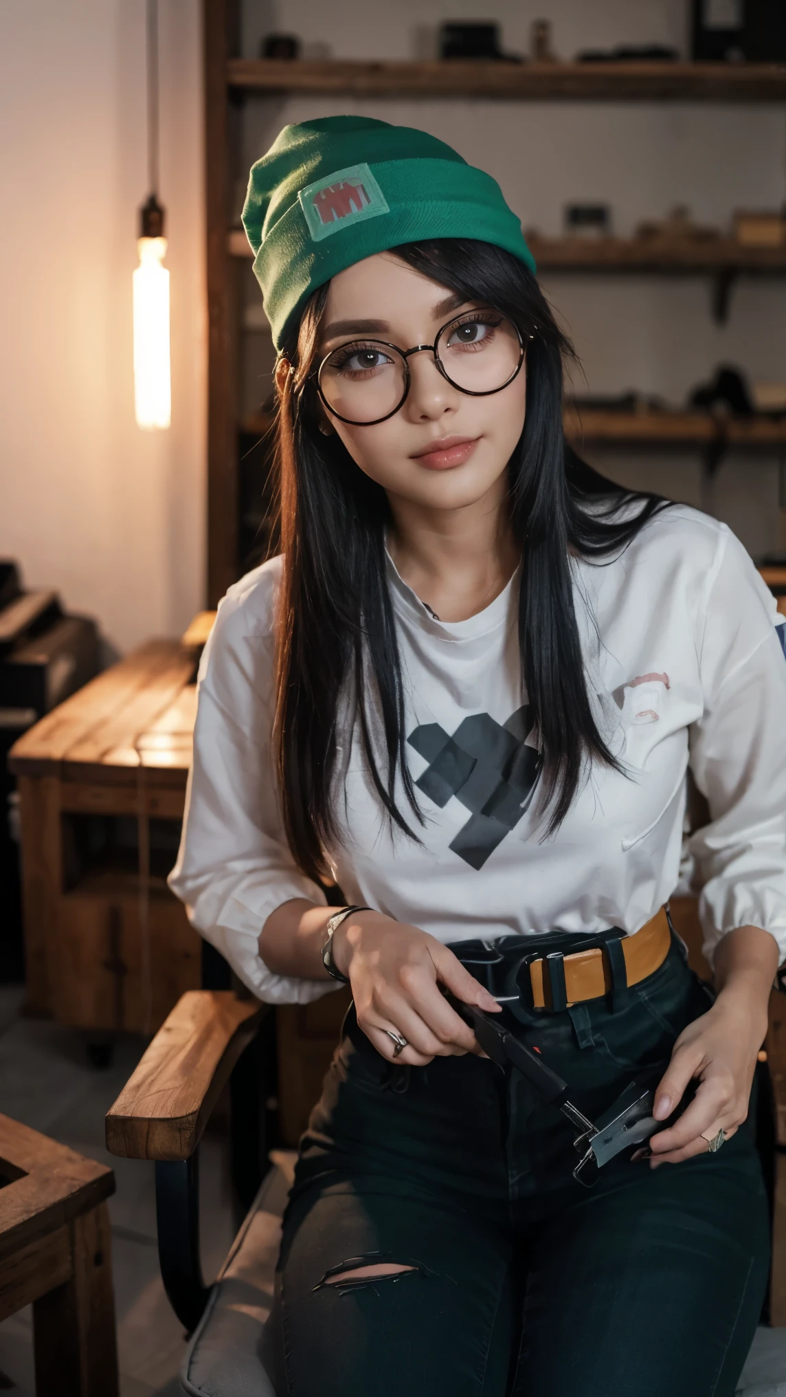 (masterpiece), best quality, expressive eyes, 8K, HD, perfect face, german Turkish girl, thick eyebrows, smokey eyes, 🤓 nerd, matured woman, working, warm smiley, long dark brown hair, thick lips, brown eyes, (high quality eyes), streak hair, indoors, looking at crafts, watching news riot valorant, sitting on chair, housewife, KJ, valorant, garage, nighttime night, holding tools, tech case, ((crafting electrical engineering)), voluptuous, ((((open clothing))), living room, thick circle glasses, wife, green beanie, mum killjoy, round glasses, plain shirt, crafting electronics items, wfh