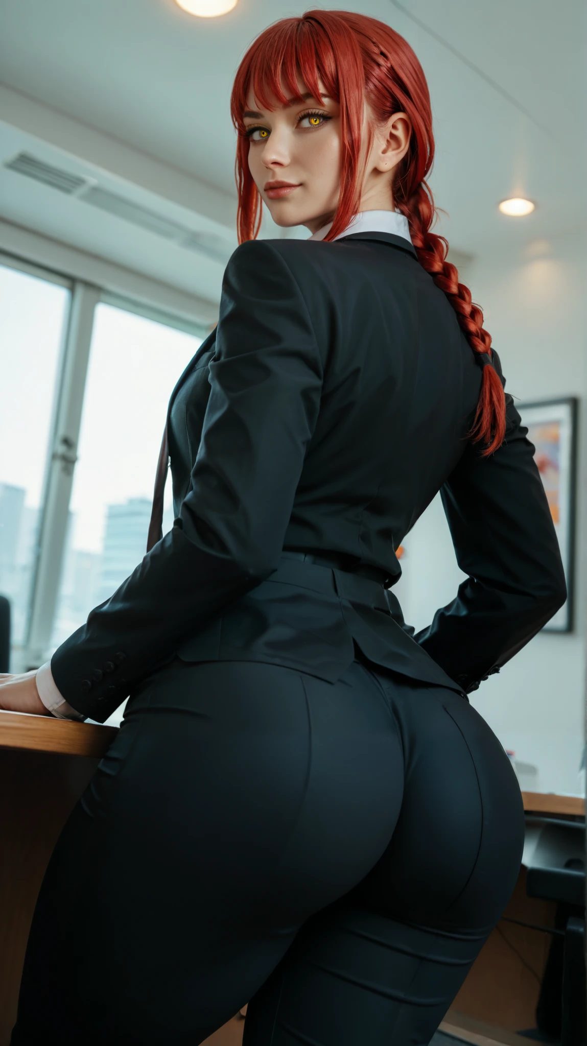 masterpiece,best quality,extreme detail,8k,makima2,1girl,solo,red hair,yellow eyes,ringed eyes,braided ponytail,With jacket: shirt,long sleeves,jacket,white shirt,necktie,collared shirt,pants,black jacket,black pants,formal,suit,black necktie,shirt tucked in,office lady,ass