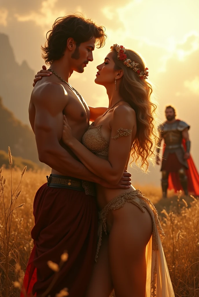 beautiful ancient greek blonde woman with slightly plump body (55 yo) forced to make love with young teen blonde skinny boy (18 yo). the boy hug her from behind, surrounded by a lot people. a dramatic scene about forbidden ritual in the ancient greek temple. they seen wearing traditional underwear with wet body, the woman is crying while the boy try to kiss her in the neck