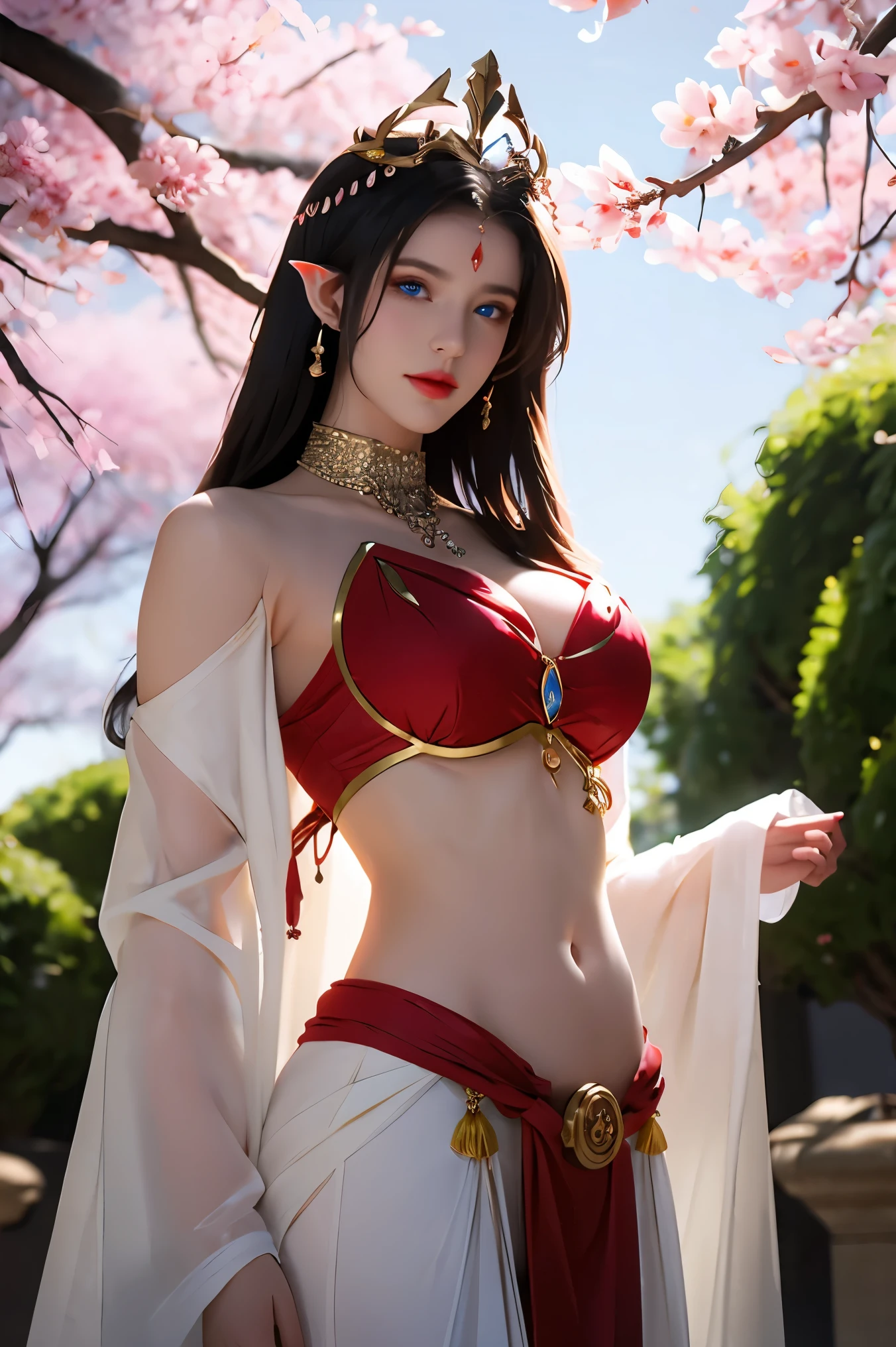 One wearing a red dress,Woman with a crown on her head, Gorgeous Role Play, fantasyoutfit, samira from league of legends, cinematic goddess body shot, alluring elf princess knight, beautiful and elegant elf queen, lady in red armor, beautiful elegant demon queen, fantasy style clothing, Anime girl cosplay, warrior costume, cosplay, ornate bikini armor