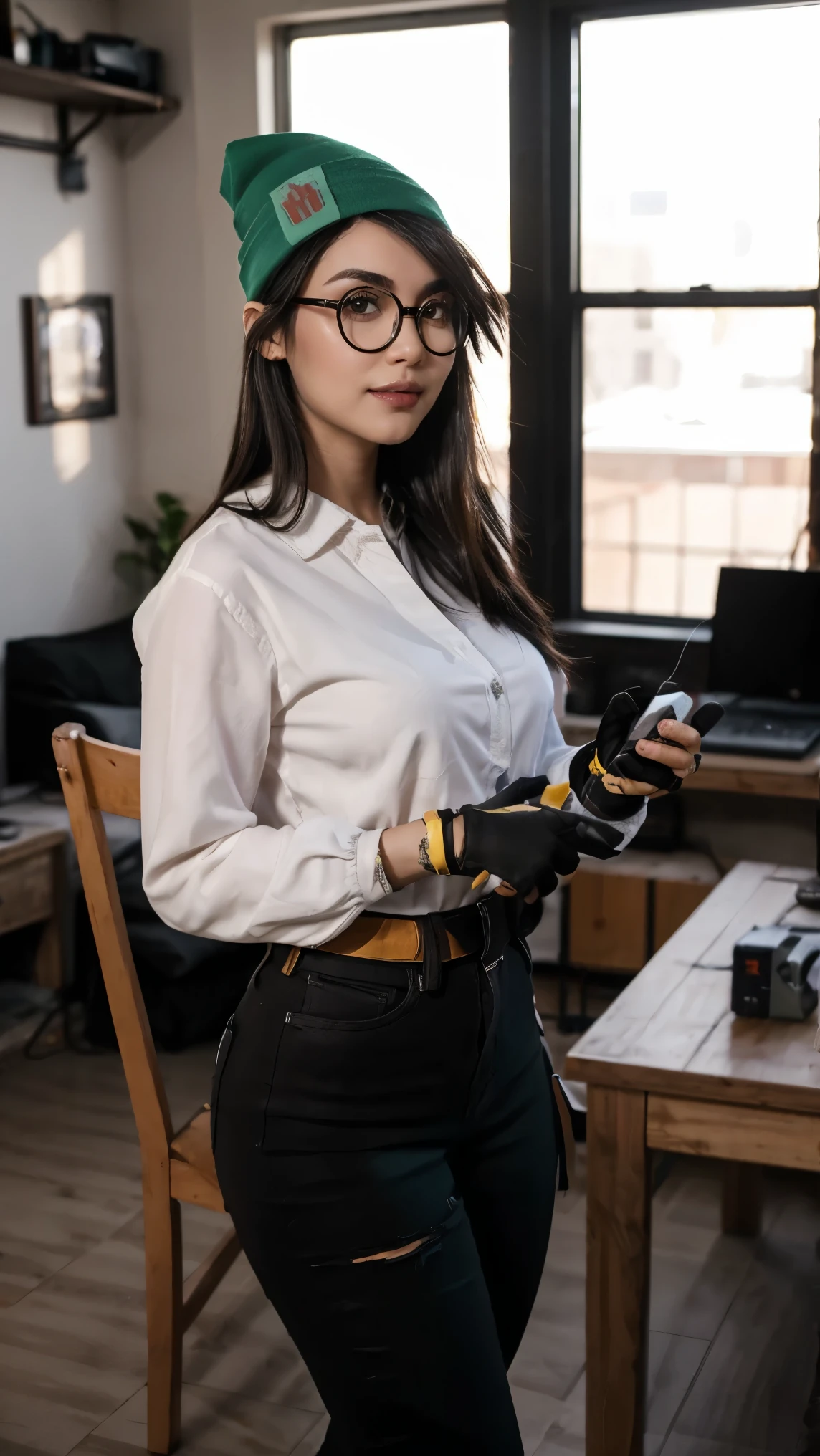 (masterpiece), best quality, expressive eyes, 8K, HD, perfect face, german Turkish girl, thick eyebrows, smokey eyes, hotpants, matured woman, working, warm smiley, long dark brown hair, thick lips, brown eyes, (high quality eyes), streak hair, indoors, looking at crafts, watching news riot valorant, sitting on chair, housewife, KJ, valorant, garage, nighttime night, holding tools, tech case, ((crafting electrical engineering)), voluptuous, ((((open clothing))), living room, thick circle glasses, wife, green beanie, mum killjoy, round glasses, plain shirt, crafting electronics items, wfh