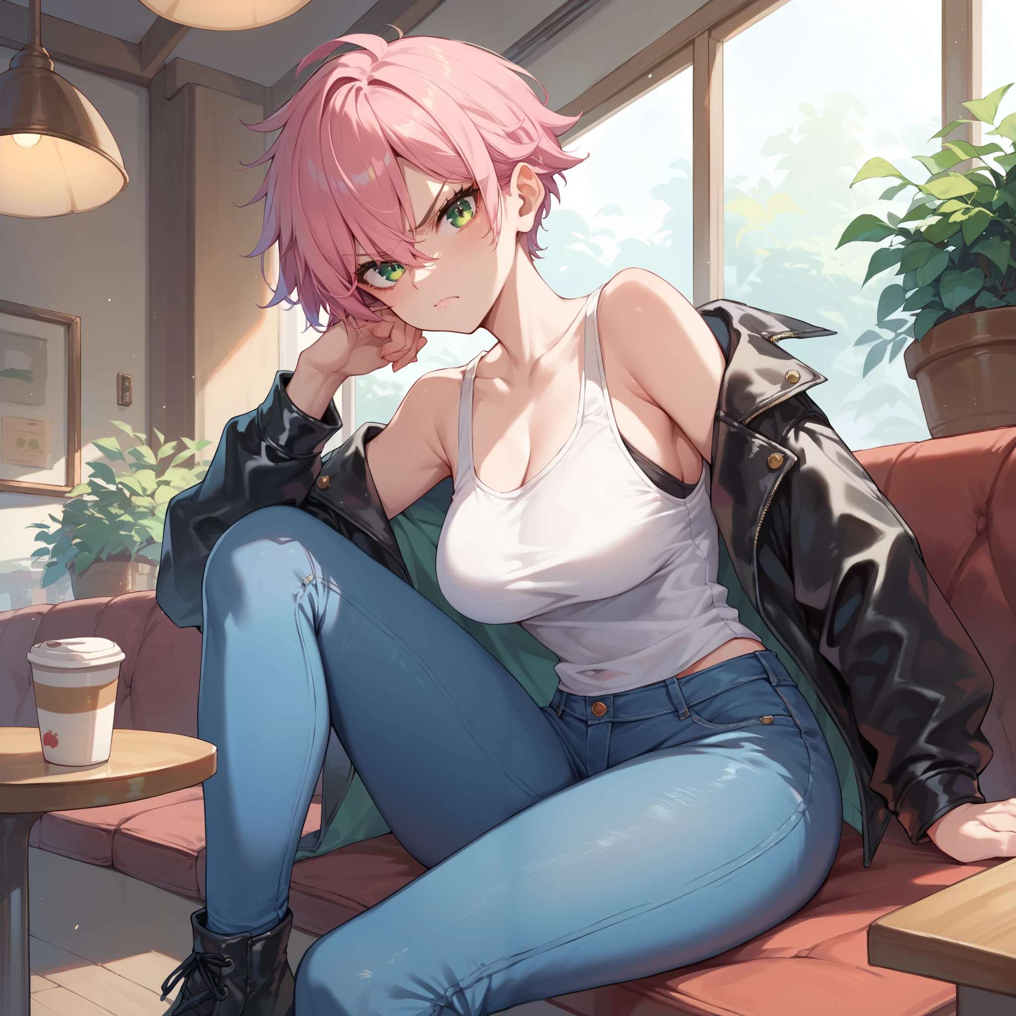 an older athletic tomboy with pink hair and green eyes. she is wearing a black leather jacket, a white tank top and blue jeans. she is sitting in a chair in a cafe and looks angry at you.