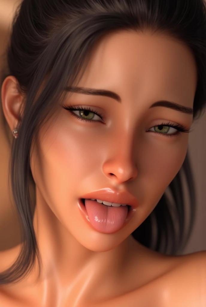 Hot, sexy dess, sexy, ((Masterpiece, best quality)), detailed skin, highly detailed, cinematic lighting, ultra realistic, blush, looking at viewer, with  brown hair. Her hair is straight and elegantly styled, falling softly to chin length, portrait, , big breasts, full body view, blue eyes, making blowjob