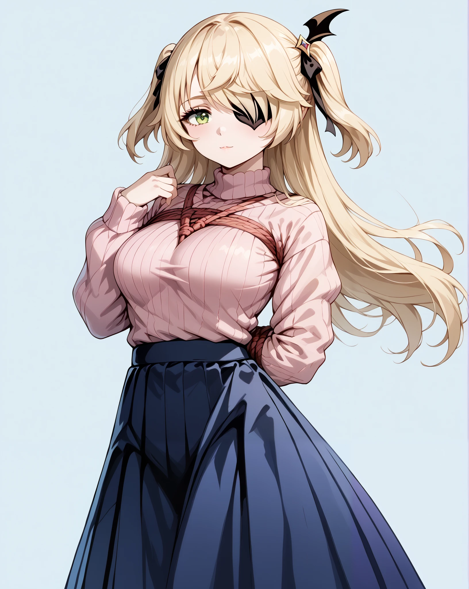 score_9, score_8_up, score_7_up, source_anime, 4K,perfect fingers,(perfect hands, perfect anatomy),prefect lighting, very aesthetic, intricate details,highly detailed background, masterpiece, high quality, best quality,
1girl,solo, fischl, fischl, long hair, bangs, blonde hair, ribbon, green eyes, hair ribbon, hair over one eye, two side up, eyepatch, large breasts,,
wearing ((sweater, (pink sweater:1.5), long sleeves, puffy sleeves, skirt, blue skirt, long skirt,)),,
((White plain background:1.5)) , ((BDSM)),shibari,