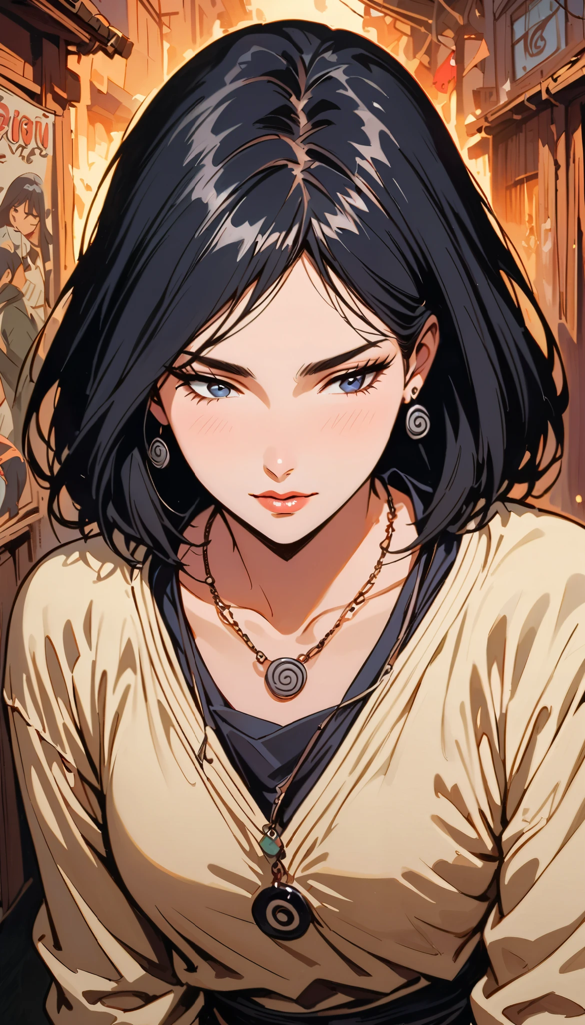 vintage movie, girl, short hair, navy hair, straight hair, woman body, cute necklace, cute earrings, ((dressed like hyuuga neji from naruto))
, hyuga clan, shinobi village, konohagakure, (((perfect lips))), perfect hair, looking down, shy, melancholic, ((young)), ((19 years old)), shonen style
((solo girl))