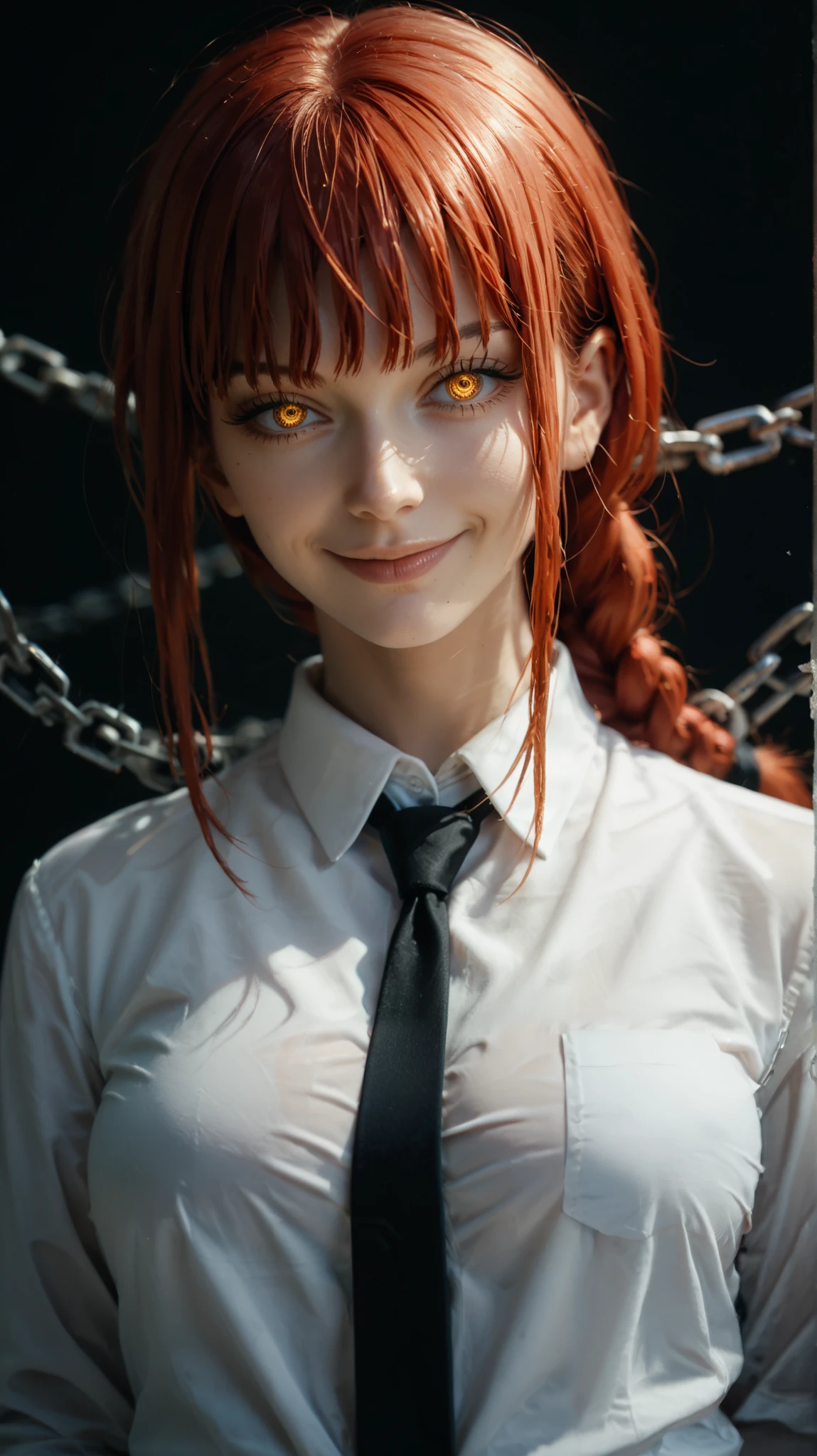 makima \(chainsaw man\), best quality, ultra detailed, 1girl, solo, standing, red hair, long braided hair, golden eyes, bangs, medium breasts, white shirt, necktie, stare, smile, (evil:1.2), looking at viewer, (interview:1.3), (dark background, chains:1.3)