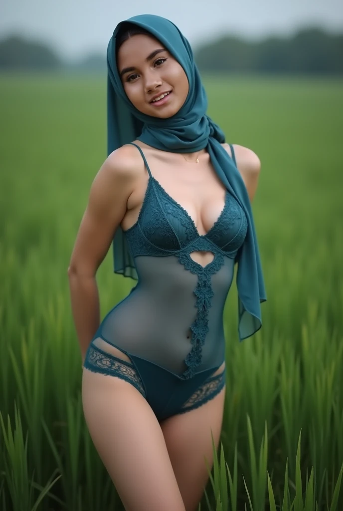 (iu:0.8),((small breast)), RAW, Best quality, high resolution, Masterpiece: 1.3, Beautiful javanese woman in translucent hijab, Masterpiece, Perfect slim body,
Beautiful big eyes, Soft smile, Wearing translucent ,color green bra and shorts and lovely look