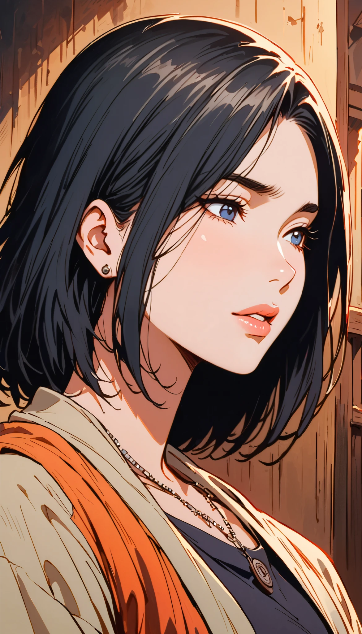 vintage movie, girl, short hair, navy hair, straight hair, woman body, cute necklace, cute earrings, ((dressed like hyuuga neji from naruto))
, hyuga clan, shinobi village, konohagakure, (((perfect lips))), perfect hair, looking down, shy, melancholic, ((young)), ((19 years old)), shonen style
((solo girl))