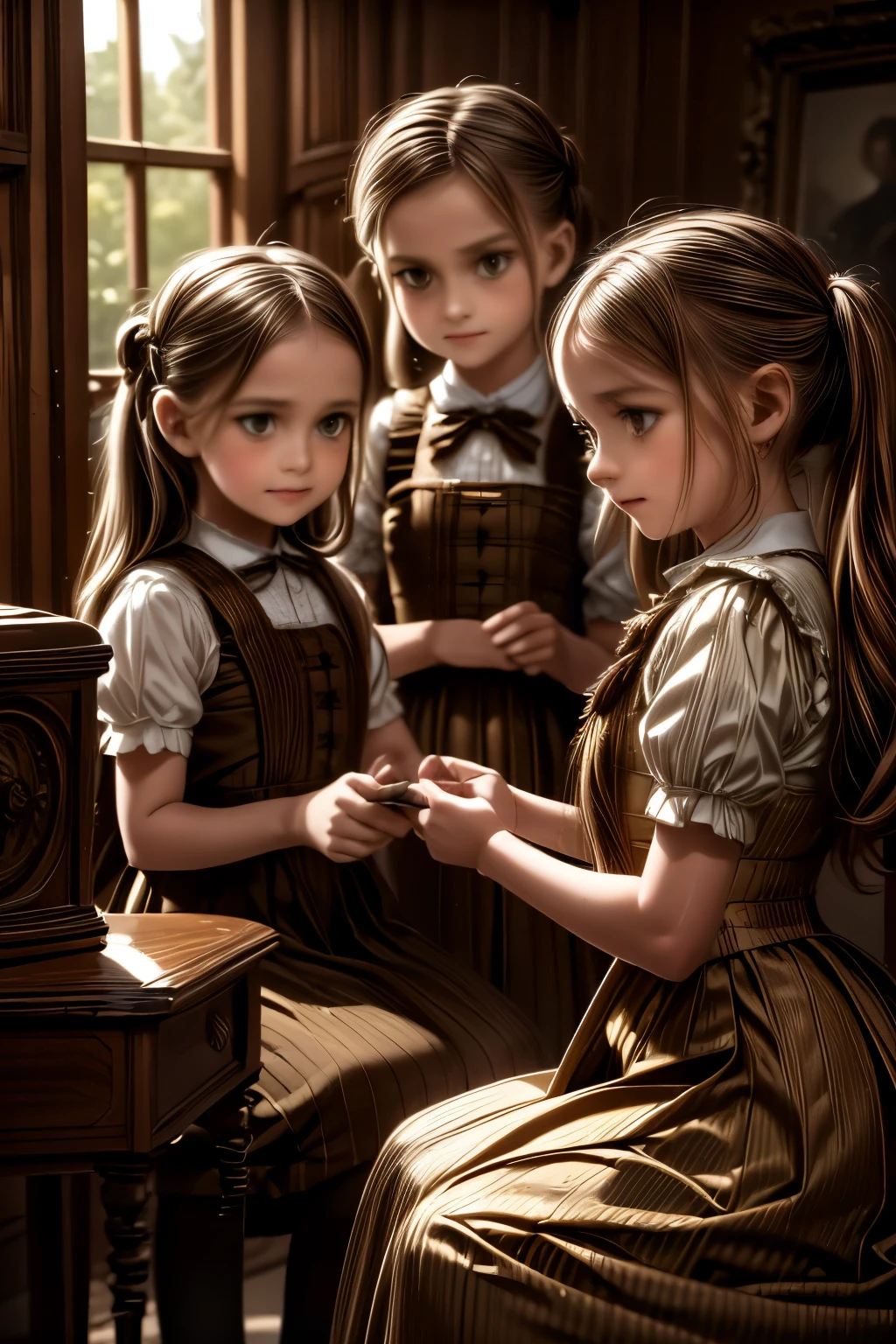 three young girls in victorian era dresses,playing at school,realistic,photorealistic,detailed portrait,intricate,cinematic lighting,soft focus,warm colors,golden hour,oil painting,highly detailed,masterpiece,4k,ultra-detailed,dramatic,beautiful,elegant,whimsical,nostalgic