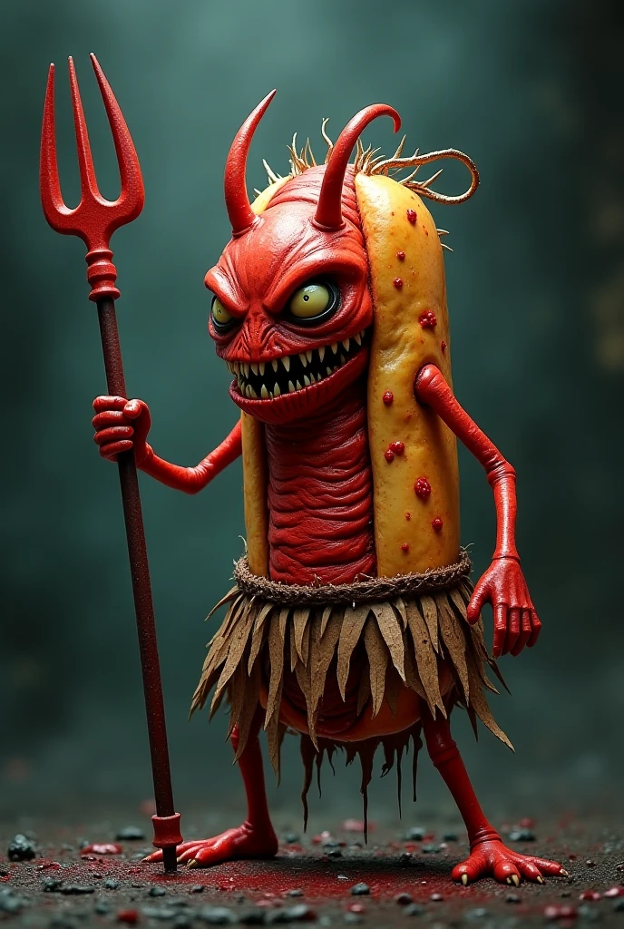 a maionese monster, tiny , with a terrifying killer face, holding a hot dog