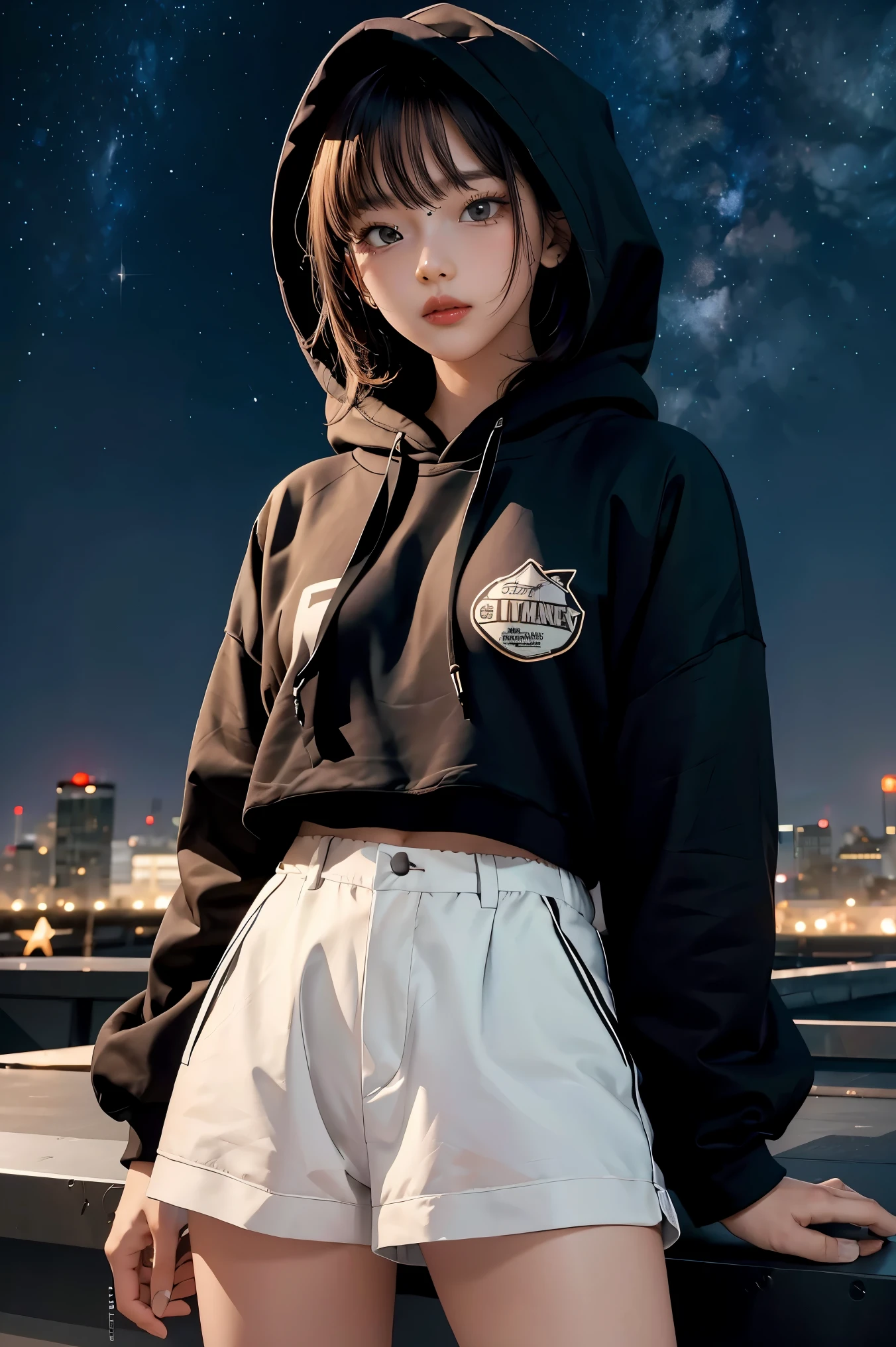 1girl,highres, high quality, masterpiece,black hoodie, white short, rooftop with city light in the background, starry night,
