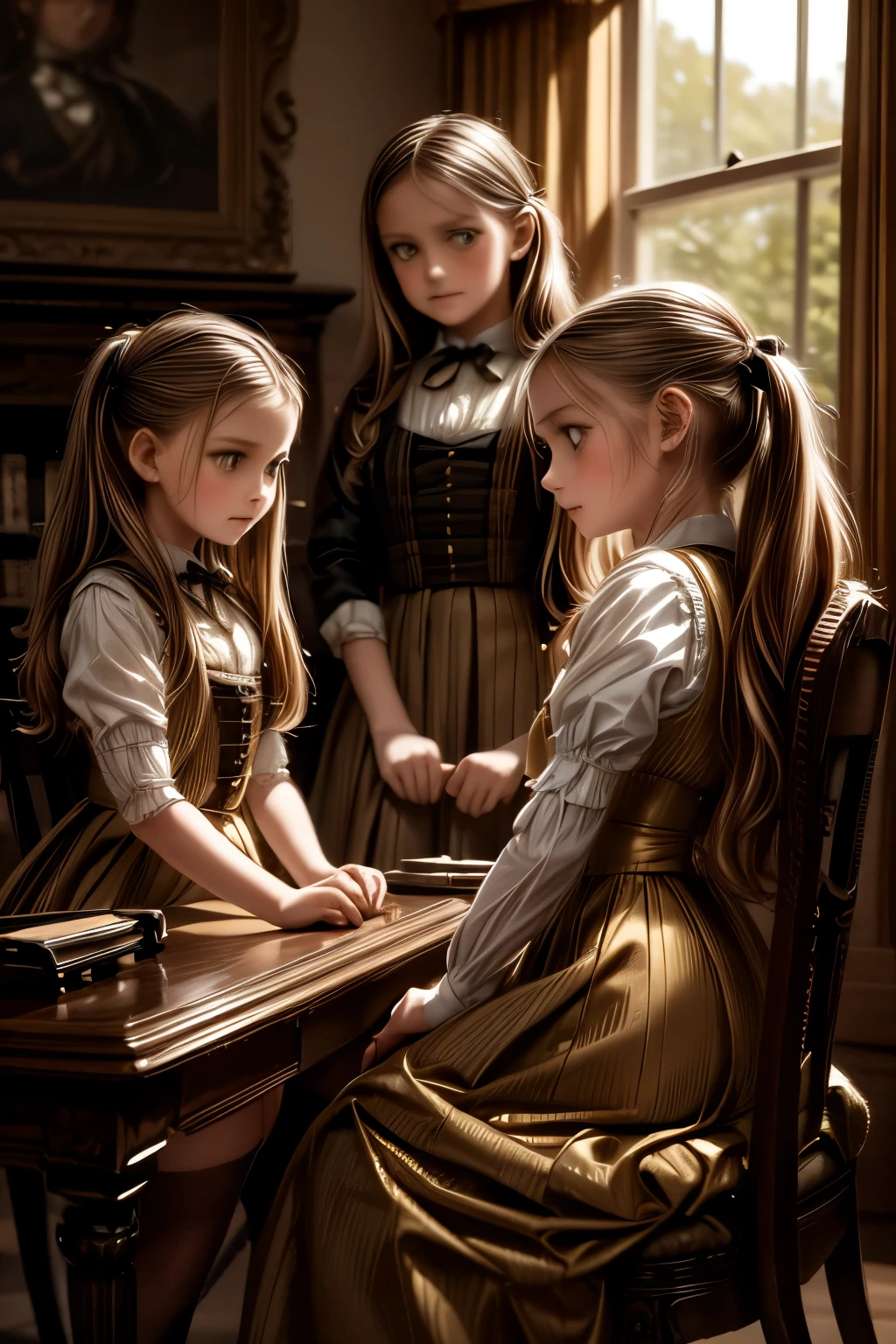 three young girls in victorian era dresses,playing at school,realistic,photorealistic,detailed portrait,intricate,cinematic lighting,soft focus,warm colors,golden hour,oil painting,highly detailed,masterpiece,4k,ultra-detailed,dramatic,beautiful,elegant,whimsical,nostalgic