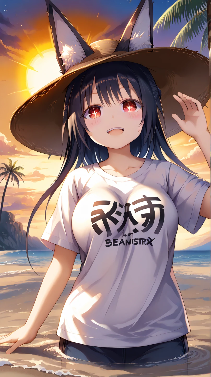 (masterpiece, Highest quality), Intricate details, 8K, Wolf Girl, whole body, (1 person), Red eyes, Big Breasts, Slim figure, furry, Long Hair, anime, expensive, Black Hair, Black T-shirt, Red Skirt, Town, 10th Generation, The wind is blowing, Hair is flowing, Expressionless, Upper Body, noon, stomach