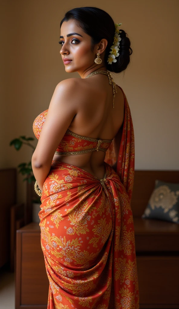 Bursty Indian mom showing thick back and sides of  by hiding her face, 4k hdr photo, long shoot, wearing dress, 