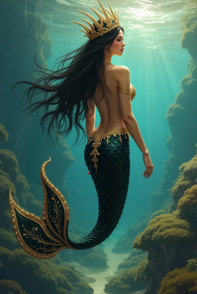 ((A beautiful mermaid sitting on a rock at the bottom of the sea)), ((mermaid tail)), sexy and sensual, Seductive love goddess, Lúthien, goddess art, Goddess of Greek mythology, Moon Goddess, Goddess of love and peace, beautiful goddess, Goddess of the waters, An impressive portrait of a Goddess of the sea, in the background sea vegetation, Frank Kelly Freas, Karol Bak Style, ((pretty face)), Ultra definition, best quality, 32k ultra, Ultra HD
