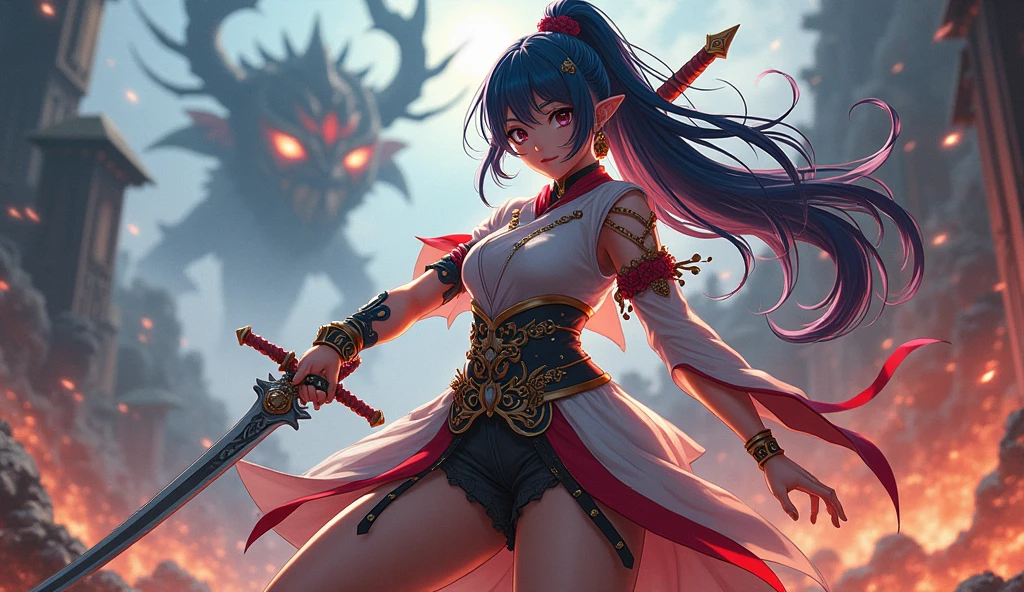 "A girl with a frown, holding a red tassel spear in her hand, flying in the air in a sci-fi and anime style similar to Genshin Impact." 8k, masterwork,