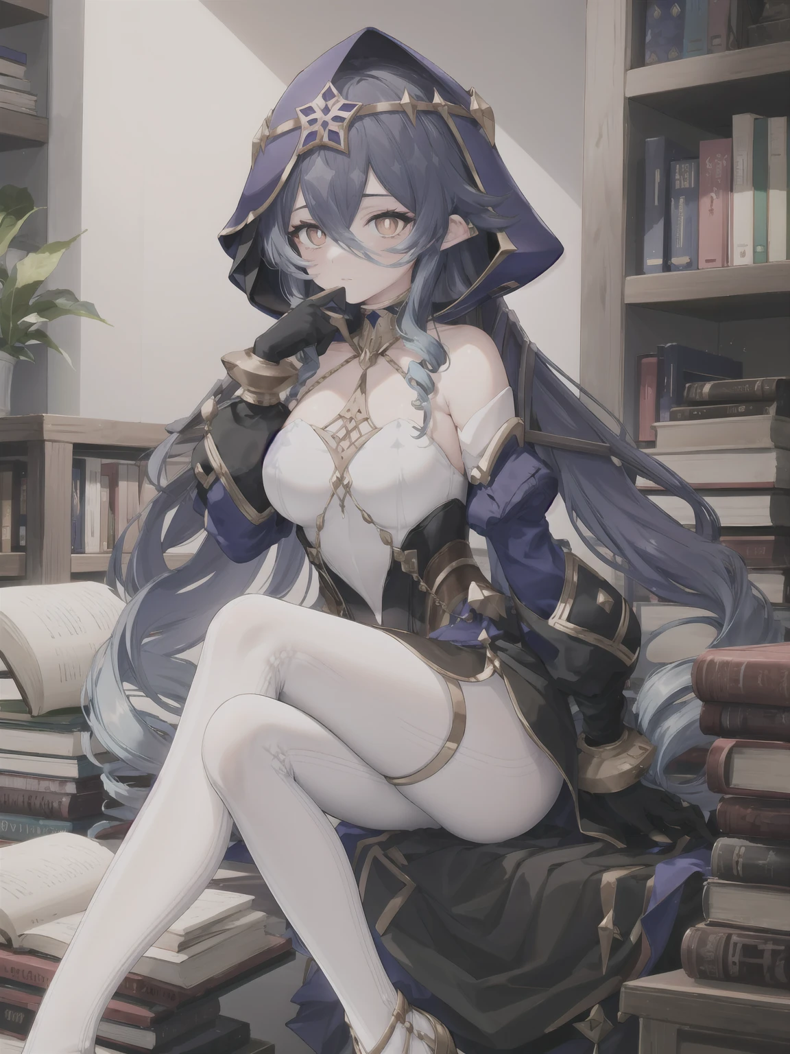 1 Lady, light blue long hair,Qi bangs,pony tails,There a bear doll next to me,navel, scantily clad, Classroom, llight rays, Glow, upper legs, 鎖骨, Willow waist, (tmasterpiece), Wallpapers,Hold the book,sitting upright