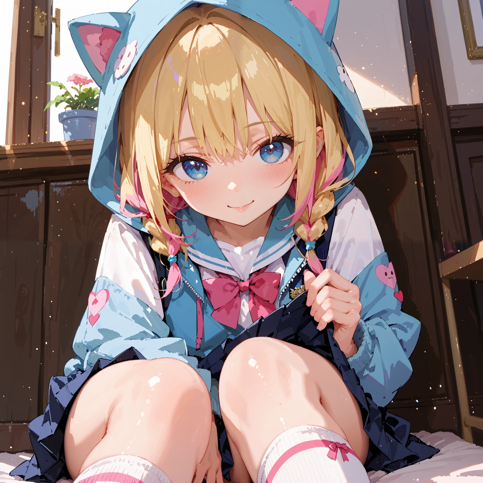 (highest quality), (masterpiece), Blonde hair color with pink highlights,
put on a hood hairstyle,blue eyes,Pleated miniskirt,cute girl the anime style,
A shy smile on your face,Cute thighs,
girl turning around, Panty shot,super fine illustration,solo,wearing ankle-length socks, She is wearing sexy underwear. Pin up Girl,