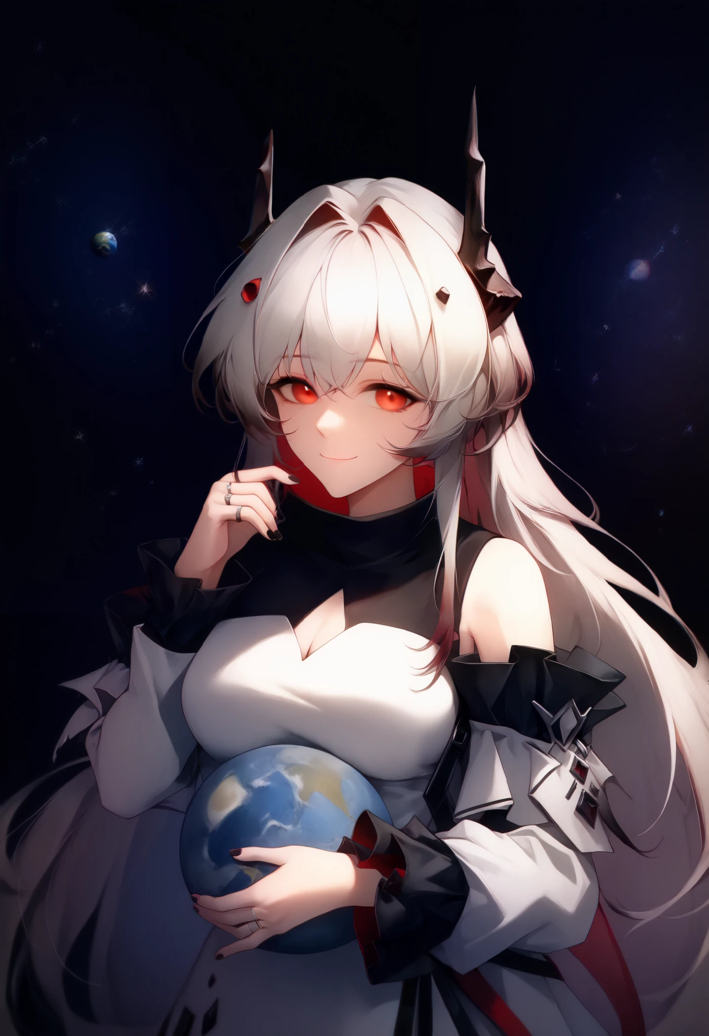 score_9, score_8_up , score_7_up , 1girl , closed_mouth, frilled_sleeves, frills, hand_up , horns, jewelry, long_hair, long_sleeves, looking_at_viewer, medium_breasts, red_eyes, ring, smile, Alone, Theresa_\(arknights\), thumb_ring, two-tone_dress, very_ long_hair, white_hair, breasts, 1girl , universe, Women in space, woman bigger than a planet, Tiny Planet , universe background, (A woman holding the Earth:1.6), fullbody, Embracing the Earth,About as many earths as the upper body