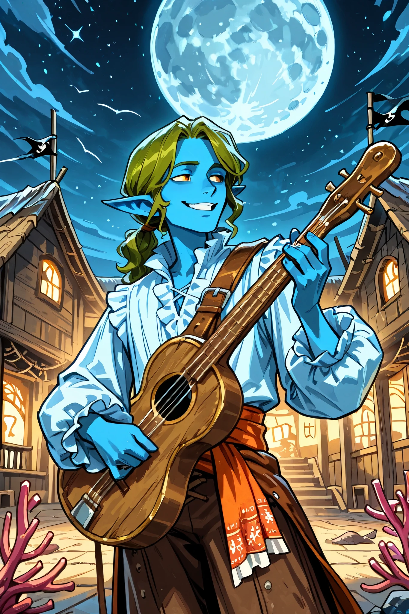 elf, solo, male, blue skin, pointed ears, green hair, (colonial era ruffle shirt, slavic style, coral patterns), black colonial trousers, charming, graceful, smiling, flirting, holding a Spanish guitar , ((performing in a village square near the coast)), night scene, colonial style buildings, full moon in sky, ((caviler era clothing, pirate era clothing)), dungeons and dragons, fantasy art, close up, npcp