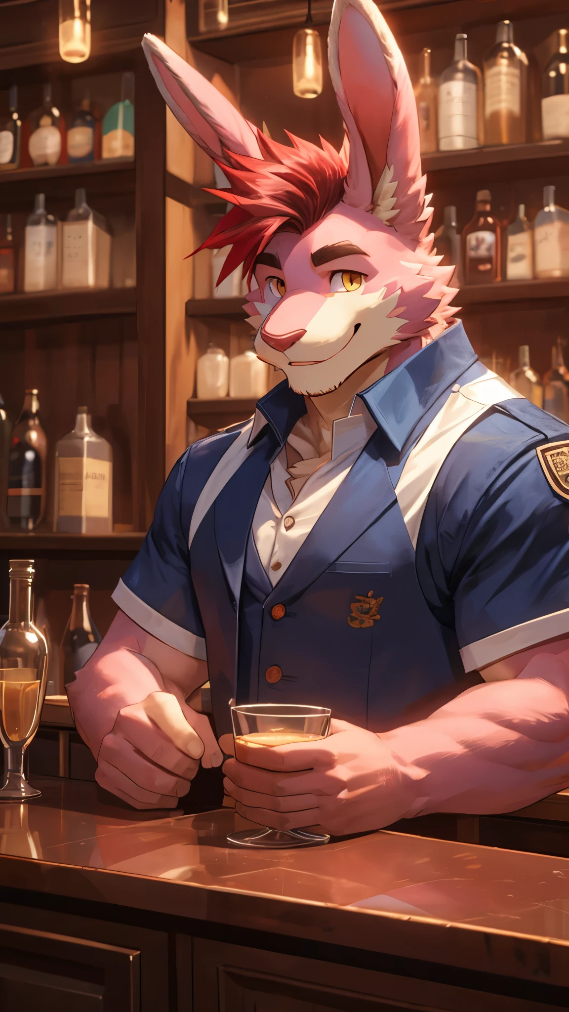 solo, male focus, lloydip, lion, blue eyes, blue nose, blue tongue, mane, vest, shirt, bow, sitting on chair, looking at viewer, smile, open mouth, teeth, detailed bar background, sunlight, masterpiece, intricate, ((detailed face, detailed eyes)), by zackarry911, erection, thick cock, 4k, hi res, best quality,