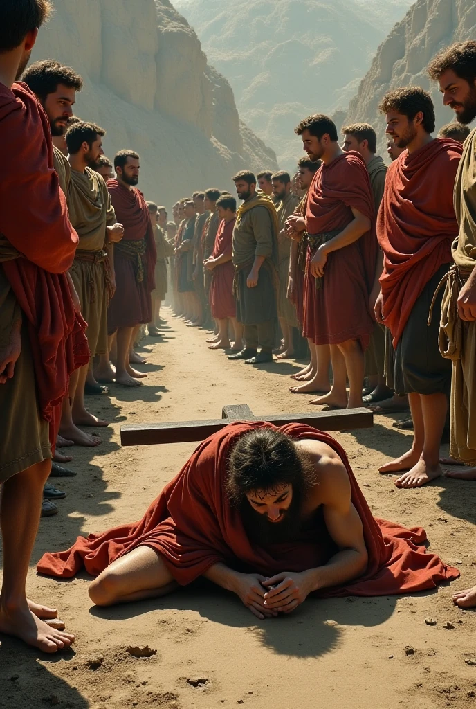 Jesus is depicted in the moment He falls to the ground for the first time, lying underneath the heavy Cross. The scene captures His extreme suffering as the weight of the Cross presses down on Him, almost burying His body beneath the wooden beam. His robe is torn and dirty, and blood from the crown of thorns continues to trickle down His forehead, mixing with sweat. His hands and knees are scraped and covered in dust. Roman soldiers stand around, with some roughly pushing Him to get up, while others watch with indifference or scorn. The background shows the crowded, dusty streets of Jerusalem, with the overcast sky reflecting the sorrow and despair of the moment. The scene emphasizes Jesus's physical and emotional agony under the burden of the Cross.