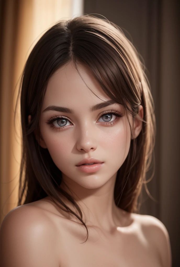 A stunning woman with brown eyes computationally rendered to lifelike perfection, poses in front of a warm brown background for her portrait. Her long, brown hair cascades down to her shoulders, framing her face and accentuating her natural beauty. Her lips, curved into a gentle smile, are a perfect blend of realism as they subtly part, revealing a pair of closed, expressive eyes. Each eyelash is meticulously detailed, creating a realistic and captivating image. Her nose, of just the right size and shape, adds to her natural charm. (realism: 1.4), best quality, super high resolution.