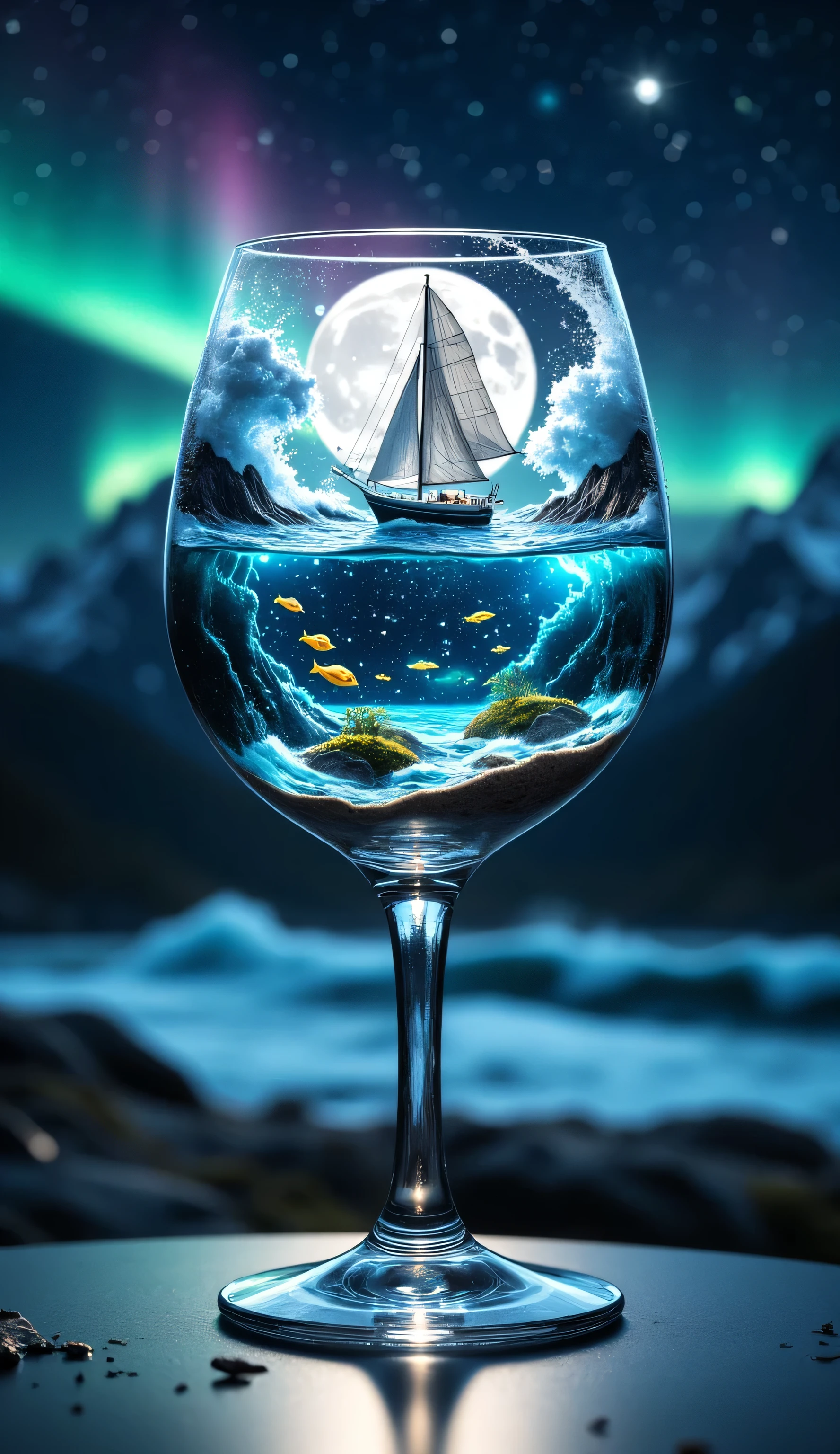 highly detailed, cinematic scene of an elegant transparent wine glass filled with a magical nighttime ocean. The glass stands on a reflective surface, creating a stunning contrast between the calm exterior and the dynamic world inside.
Inside the glass:
A turbulent nighttime ocean with visible waves and splashes spilling over the rim of the glass
On the ocean floor:
Countless tiny golden fish emitting soft bioluminescent light
Spherical starlight reflections shimmering on the ocean bed, perfectly mimicking the night sky above
Delicate underwater currents visible through subtle water movements
Fine sand particles gently swirling in the water
On the water surface:
A magnificent miniature sailing yacht with:
Sleek sapphire-blue hull transitioning to turquoise at the waterline
Elegant white sails fully inflated by the wind, showing realistic fabric folds and tension (main sail and jib)
Detailed mast structure with fine ropes and stays
Tiny deck features including railings, navigation lights, and a small steering wheel
Realistic interaction with the waves, showing spray around the bow and wake behind
Dynamic wave motion showing spray and foam around the yacht's hull
The glass features:
Crystal-clear premium wine glass with fine stem and base
Delicate etched patterns along the rim resembling sea waves
Subtle imperfections giving it a genuine high-quality appearance
Thin, perfectly shaped bowl enhancing the visual effect
Fine condensation droplets forming on the outer surface
Background:
Breathtaking nighttime landscape featuring:
Vast starry night sky with countless stars twinkling in various intensities
Vibrant aurora borealis flowing gracefully across the horizon in shades of green, purple, and pink
Large, full moon casting silvery light on the scene
Deep indigo and violet tones transitioning smoothly into the aurora's vibrant colors
Distant ocean waves visible beyond the glass, blending seamlessly with the night sky
Lighting:
Moonlight filtering through the glass,