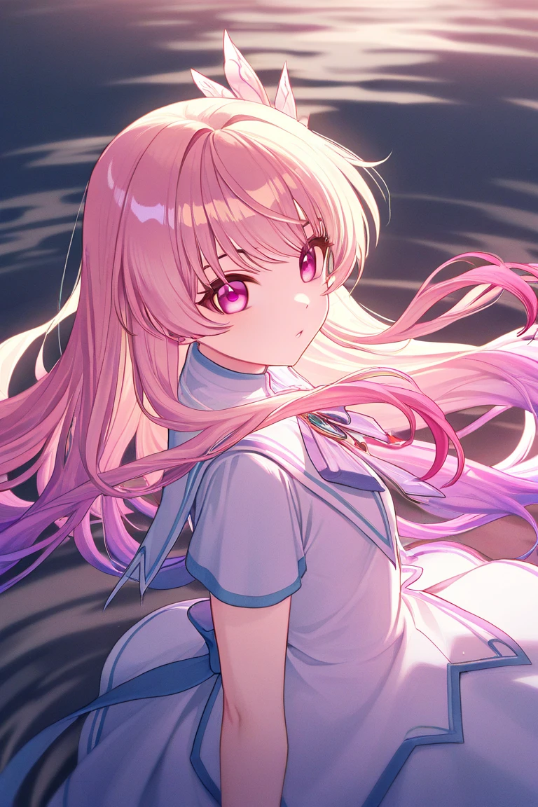 1girl. pink hair.long hair.twintails.{loli}.short stature.small breast.white t-shirts.skirt. (((masterpiece))).(((best quality))).)((ultra-detailed))).(((illustration))).(((night view))).((blush)).((Opening Mouth)).((Open your eyes)).((Surprised face)).